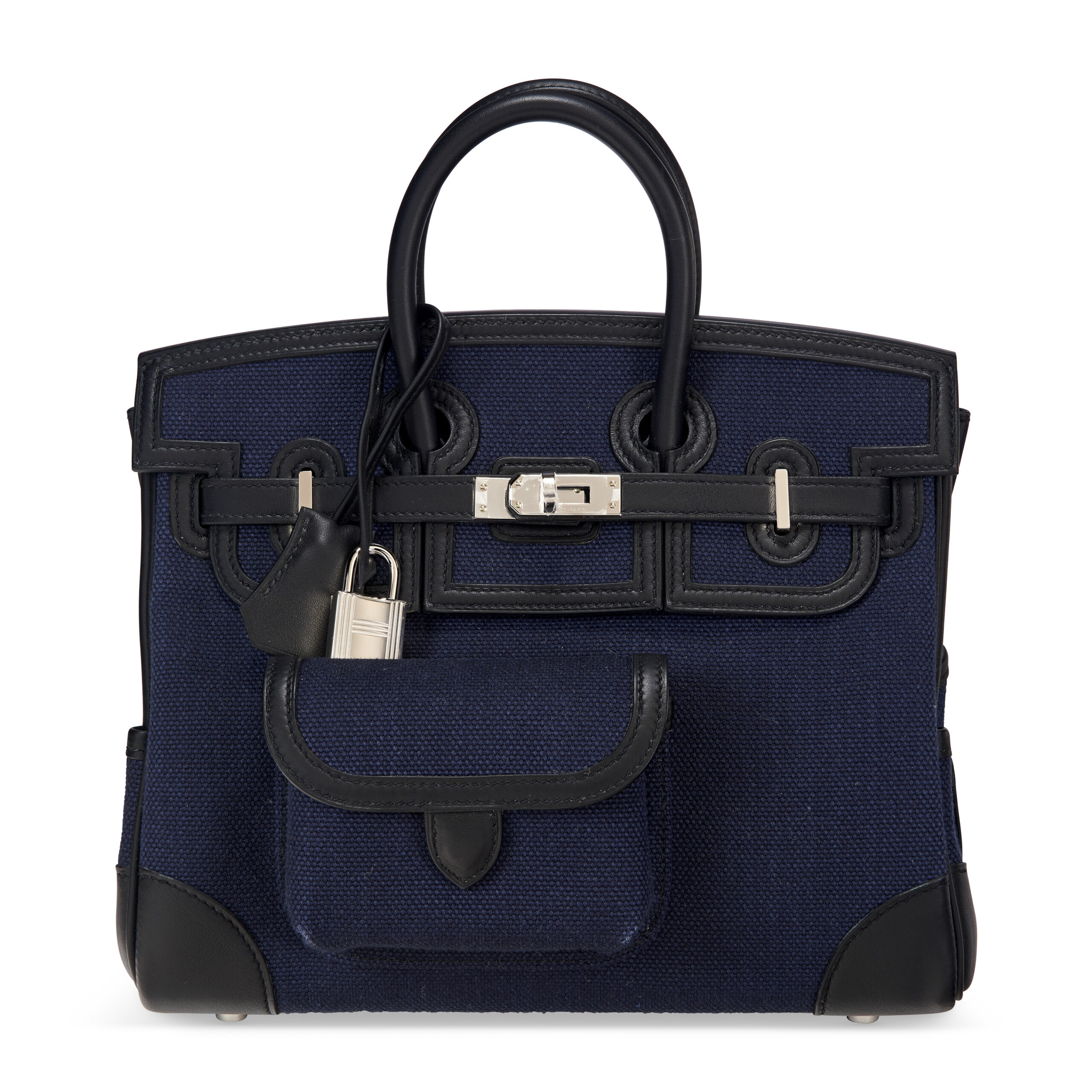 A LIMITED EDITION BLEU MARINE TOILE GOELAND CANVAS & BLACK SWIFT LEATHER CARGO BIRKIN 25 WITH PALLADIUM HARDWARE 4 A LIMITED EDITION BLEU MARINE TOILE GOELAND CANVAS & BLACK SWIFT LEATHER CARGO BIRKIN 25 WITH PALLADIUM HARDWARE - Image 4