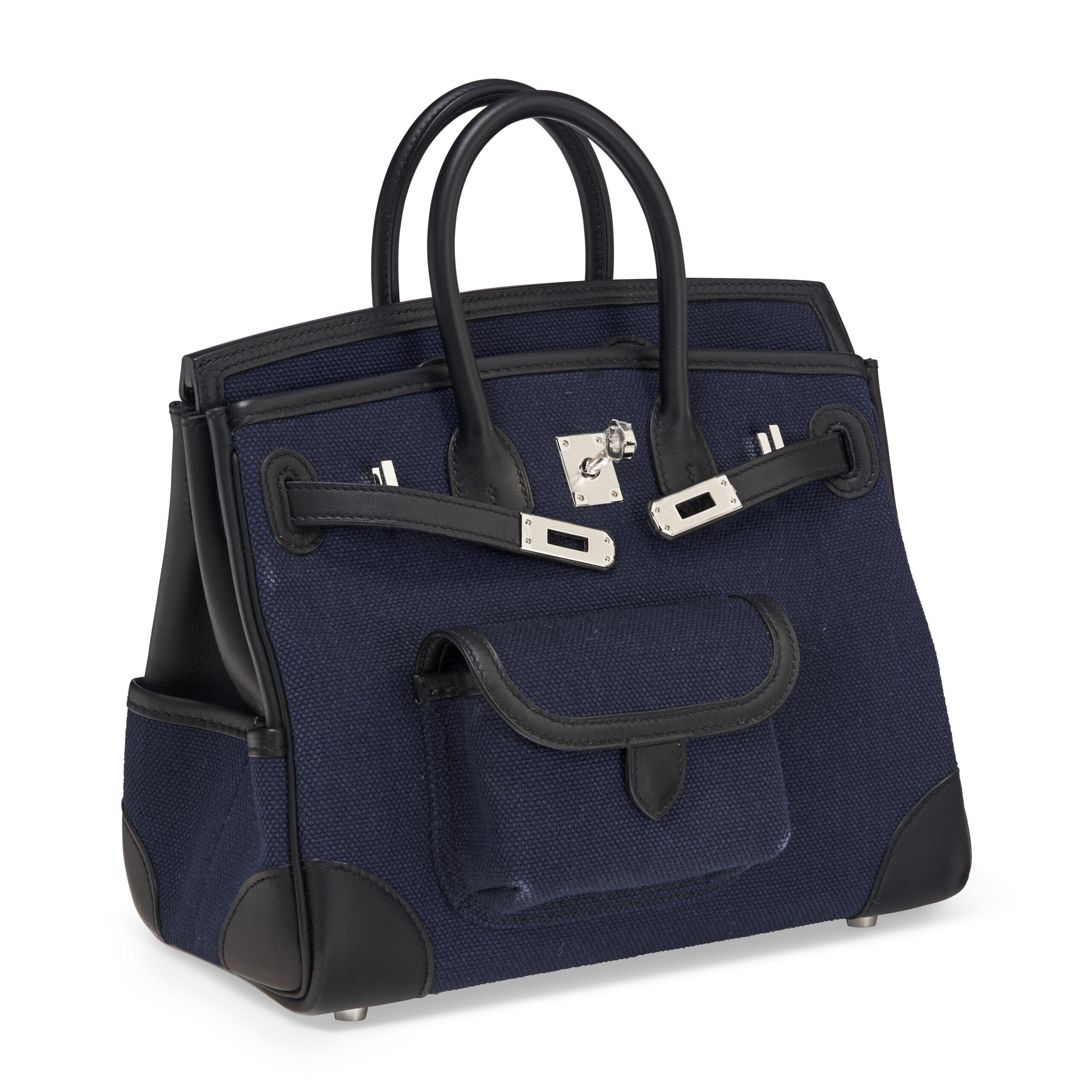 A LIMITED EDITION BLEU MARINE TOILE GOELAND CANVAS & BLACK SWIFT LEATHER CARGO BIRKIN 25 WITH PALLADIUM HARDWARE 5 A LIMITED EDITION BLEU MARINE TOILE GOELAND CANVAS & BLACK SWIFT LEATHER CARGO BIRKIN 25 WITH PALLADIUM HARDWARE - Image 5