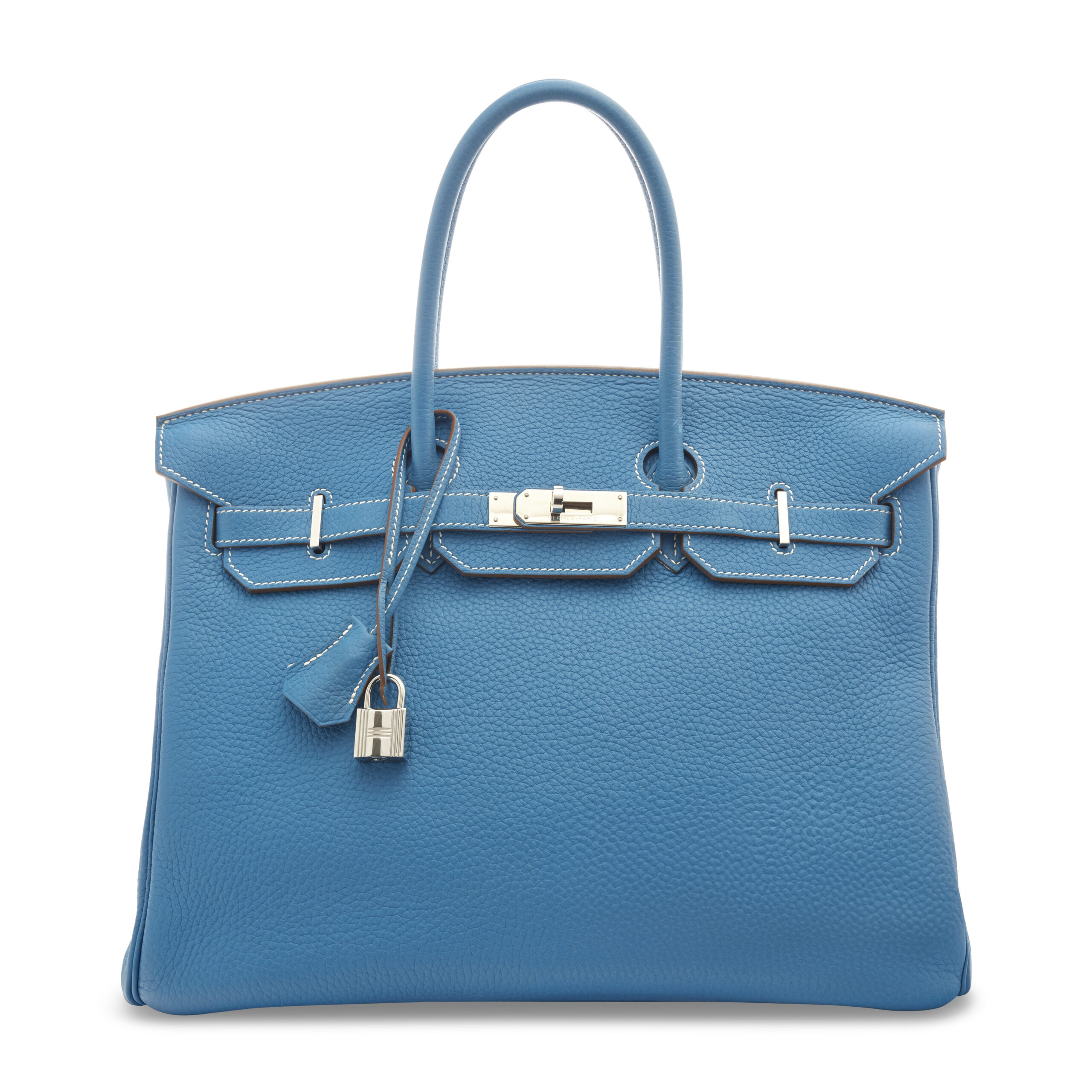 A LIMITED EDITION BLEU MYKONOS & WHITE CLÉMENCE LEATHER ÉCLAT BIRKIN 35 WITH PALLADIUM HARDWARE 1 A LIMITED EDITION BLEU MYKONOS & WHITE CLÉMENCE LEATHER ÉCLAT BIRKIN 35 WITH PALLADIUM HARDWARE