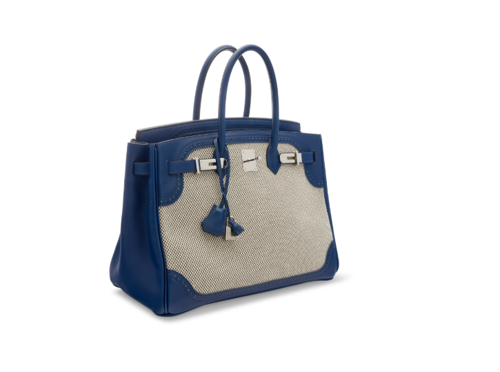 A LIMITED EDITION BLEU SAPHIR SWIFT LEATHER & ÉCRU TOILE CRISS CROSS GHILLIES BIRKIN 35 WITH PALLADIUM HARDWARE 2 A LIMITED EDITION BLEU SAPHIR SWIFT LEATHER & ÉCRU TOILE CRISS CROSS GHILLIES BIRKIN 35 WITH PALLADIUM HARDWARE - Image 2