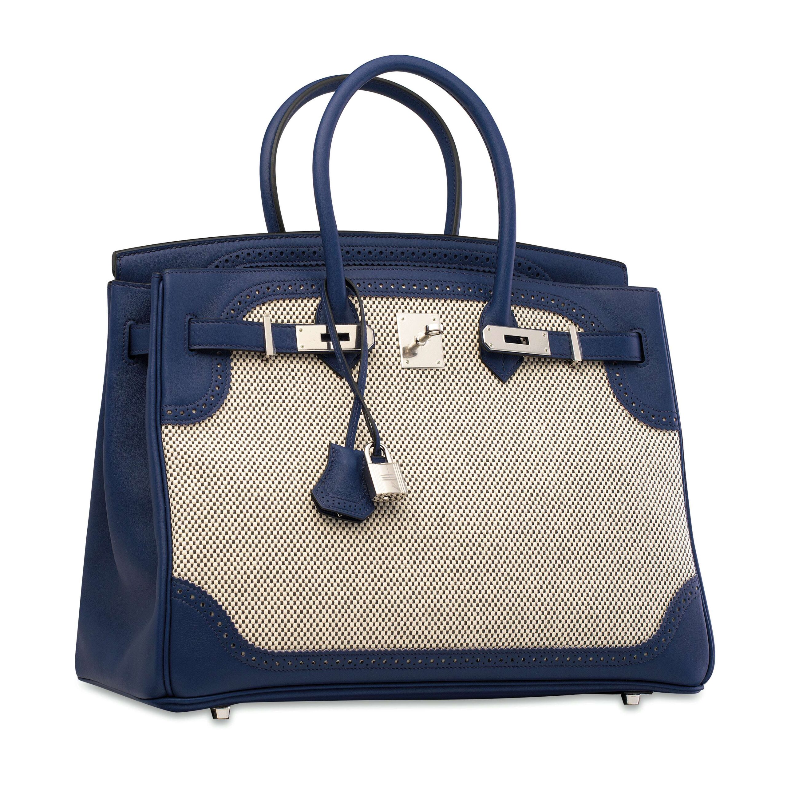 A LIMITED EDITION BLEU SAPHIR SWIFT LEATHER & TOILE GHILLIES BIRKIN 35 WITH PALLADIUM HARDWARE 2 A LIMITED EDITION BLEU SAPHIR SWIFT LEATHER & TOILE GHILLIES BIRKIN 35 WITH PALLADIUM HARDWARE - Image 2