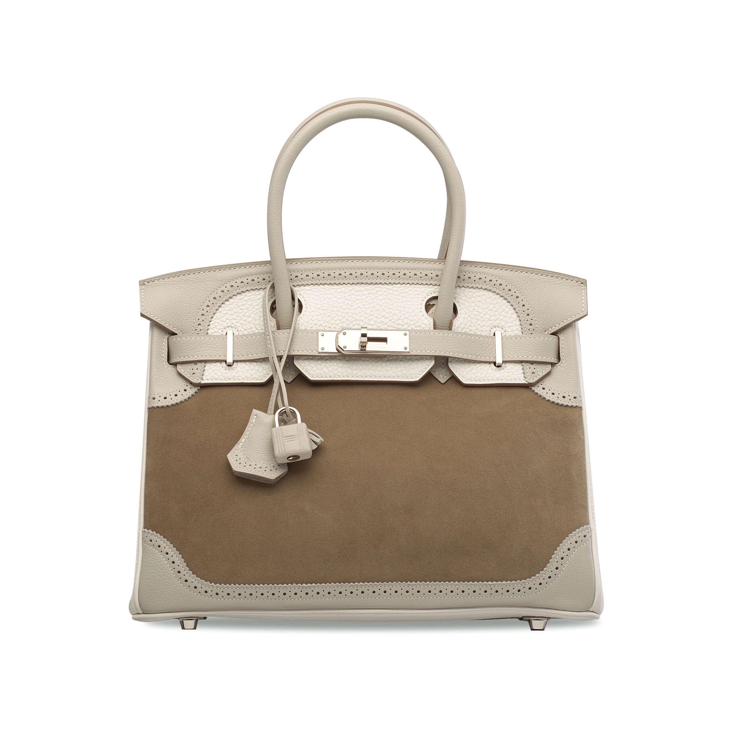 A LIMITED EDITION CAILLOU, GRIS PERLE & WHITE VEAU DOBLIS GRIZZLY GHILLIES BIRKIN 30 WITH PALLADIUM HARDWARE 1 A LIMITED EDITION CAILLOU, GRIS PERLE & WHITE VEAU DOBLIS GRIZZLY GHILLIES BIRKIN 30 WITH PALLADIUM HARDWARE