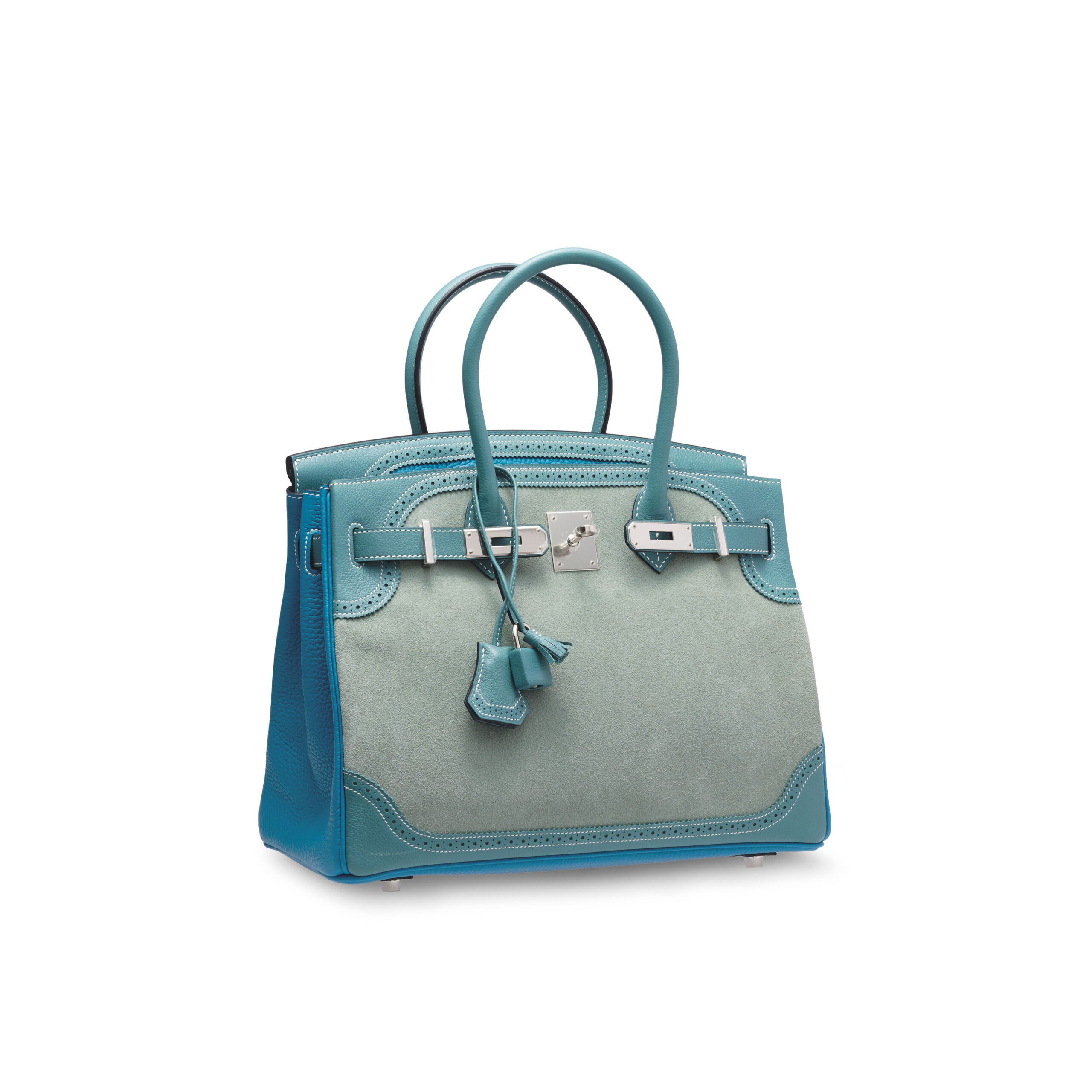 A LIMITED EDITION CIEL & TURQUOISE VEAU DOBLIS, CLÉMENCE & EVERCOLOR LEATHER GRIZZLY GHILLIES BIRKIN 30 WITH PALLADIUM HARDWARE 5 A LIMITED EDITION CIEL & TURQUOISE VEAU DOBLIS, CLÉMENCE & EVERCOLOR LEATHER GRIZZLY GHILLIES BIRKIN 30 WITH PALLADIUM HARDWARE - Image 5