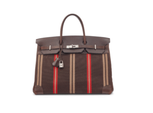 A LIMITED EDITION ÉBÈNE SWIFT LEATHER & STRIPED TOILE BIRKIN 40 WITH PALLADIUM HARDWARE