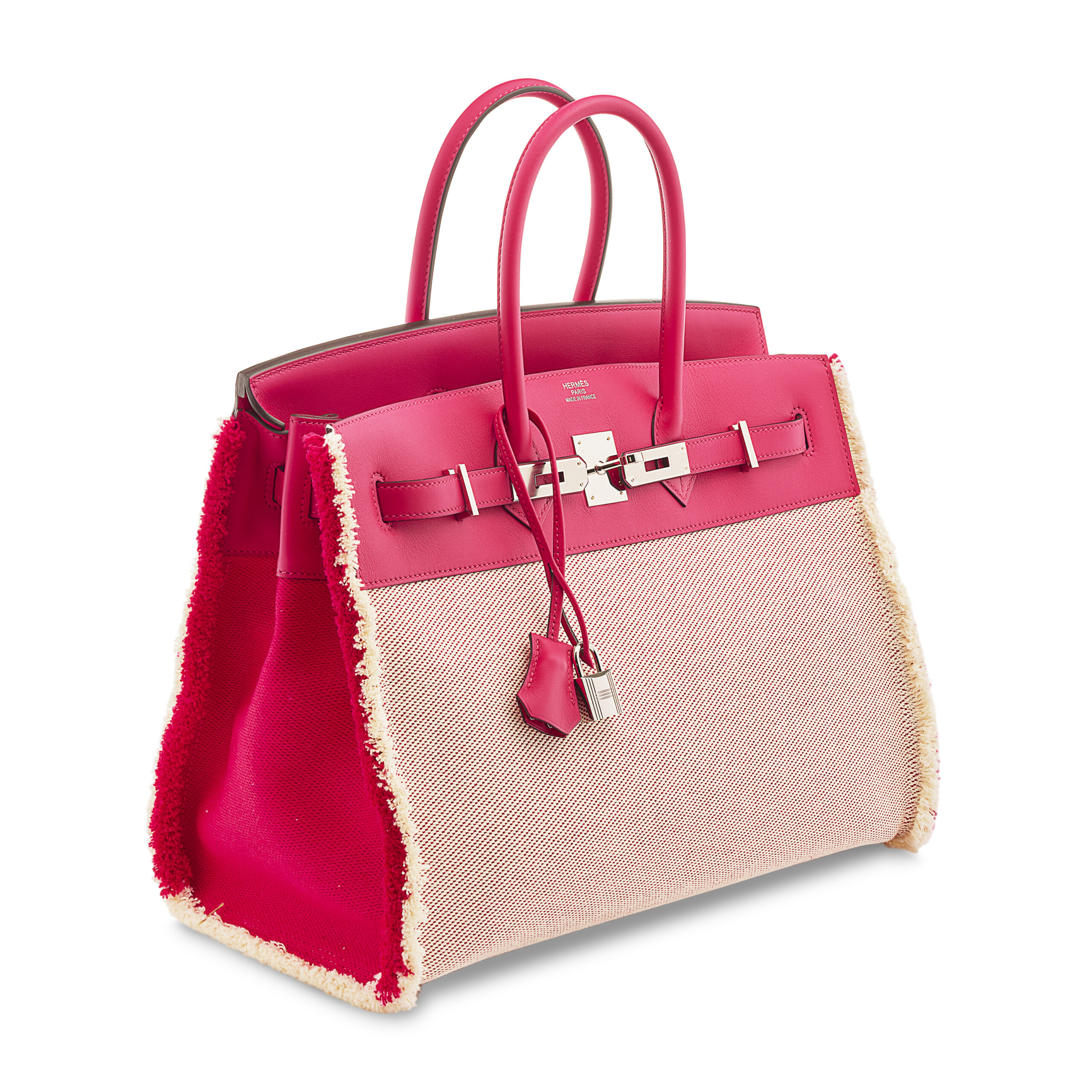 A LIMITED EDITION FRAMBOISE SWIFT LEATHER & TWILL H CANVAS FRAY FRAY BIRKIN 35 WITH PALLADIUM HARDWARE 3 A LIMITED EDITION FRAMBOISE SWIFT LEATHER & TWILL H CANVAS FRAY FRAY BIRKIN 35 WITH PALLADIUM HARDWARE - Image 3