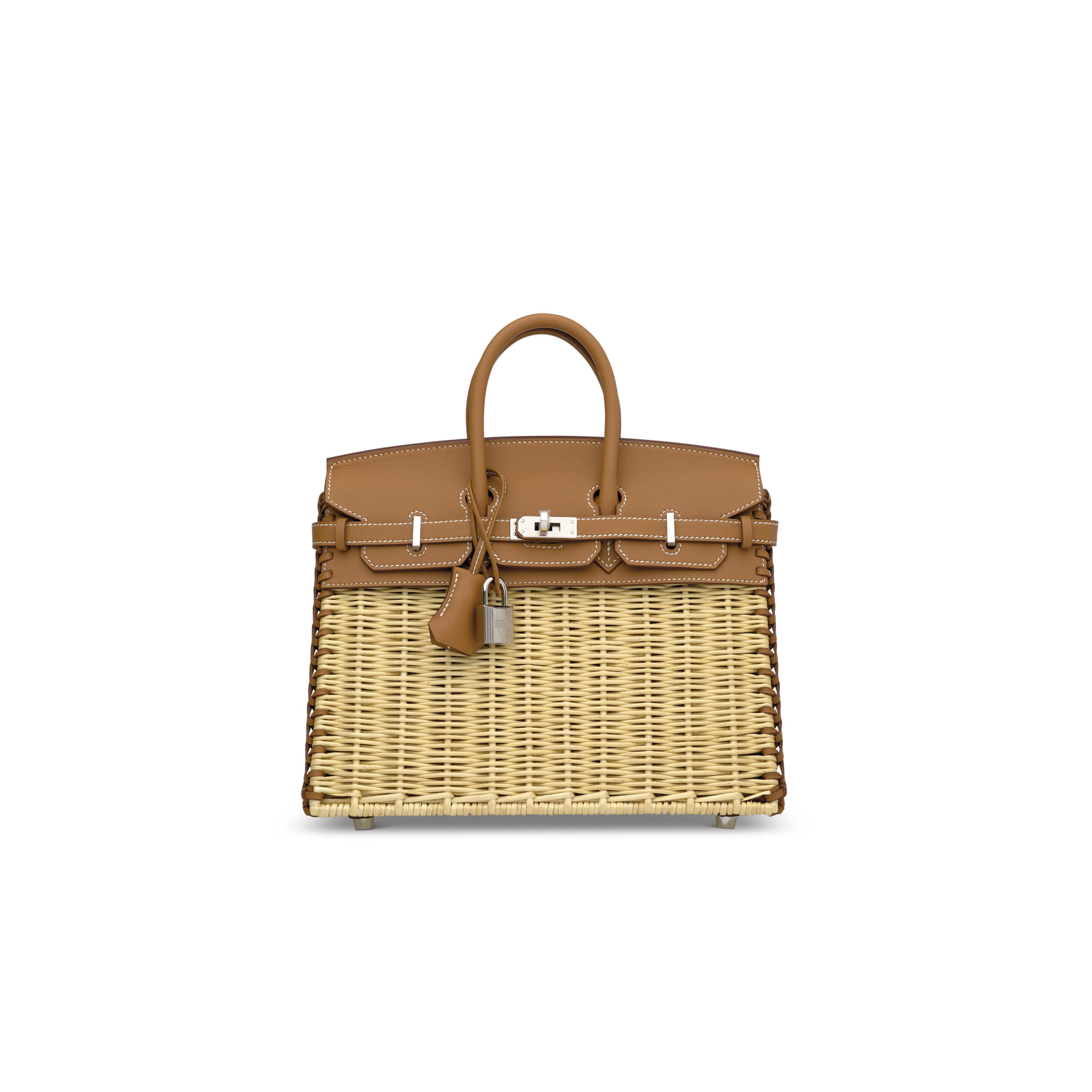 A LIMITED EDITION GOLD SWIFT LEATHER & OSIER PICNIC BIRKIN 25 WITH PALLADIUM HARDWARE 6 A LIMITED EDITION GOLD SWIFT LEATHER & OSIER PICNIC BIRKIN 25 WITH PALLADIUM HARDWARE - Image 6