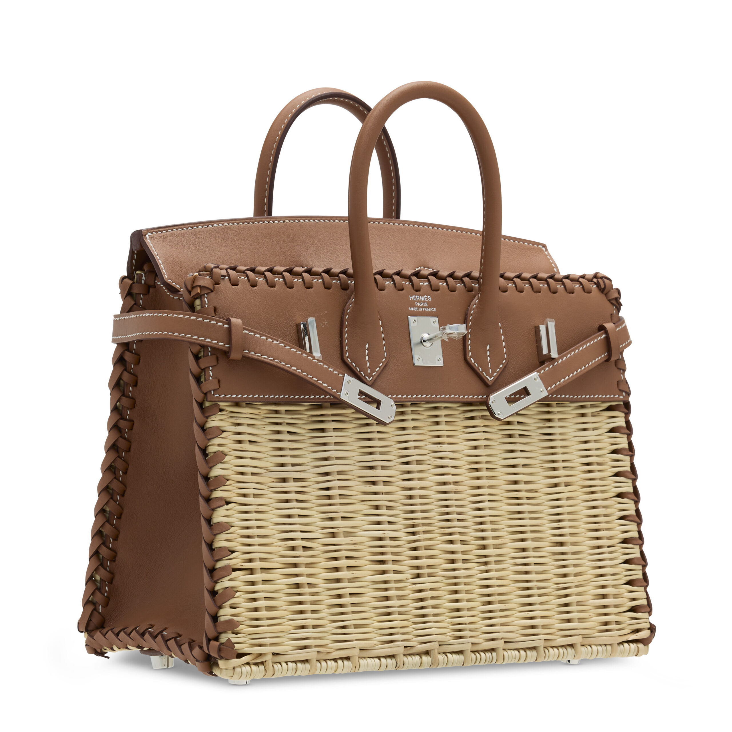 A LIMITED EDITION GOLD SWIFT LEATHER & OSIER PICNIC BIRKIN 25 WITH PALLADIUM HARDWARE 5 A LIMITED EDITION GOLD SWIFT LEATHER & OSIER PICNIC BIRKIN 25 WITH PALLADIUM HARDWARE - Image 5