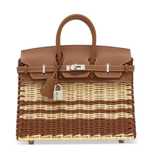 A LIMITED EDITION GOLD SWIFT LEATHER & OSIER STRIPE PICNIC BIRKIN 25 WITH PALLADIUM HARDWARE