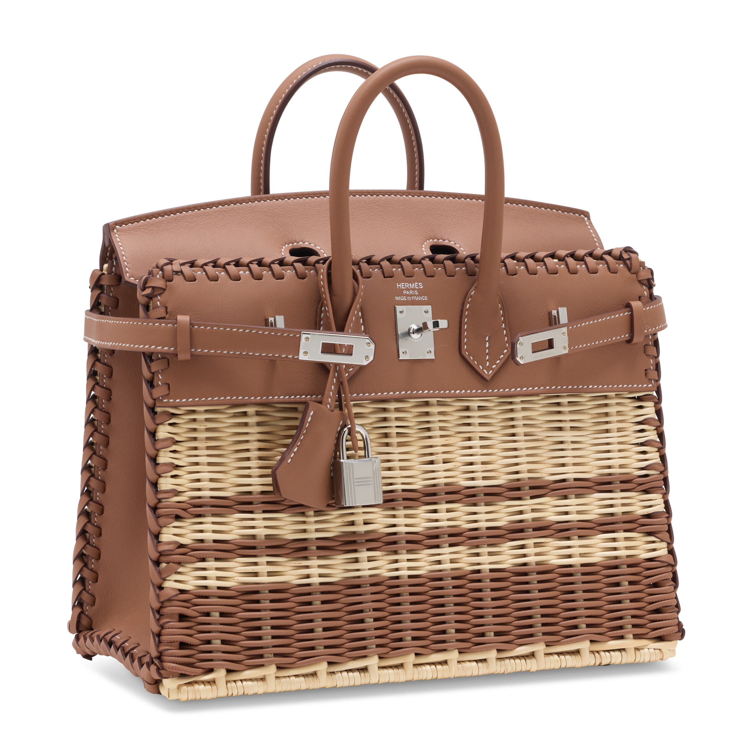 A LIMITED EDITION GOLD SWIFT LEATHER & OSIER STRIPE PICNIC BIRKIN 25 WITH PALLADIUM HARDWARE 3 A LIMITED EDITION GOLD SWIFT LEATHER & OSIER STRIPE PICNIC BIRKIN 25 WITH PALLADIUM HARDWARE - Image 3
