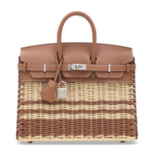A LIMITED EDITION GOLD SWIFT LEATHER & OSIER STRIPE PICNIC BIRKIN 25 WITH PALLADIUM HARDWARE