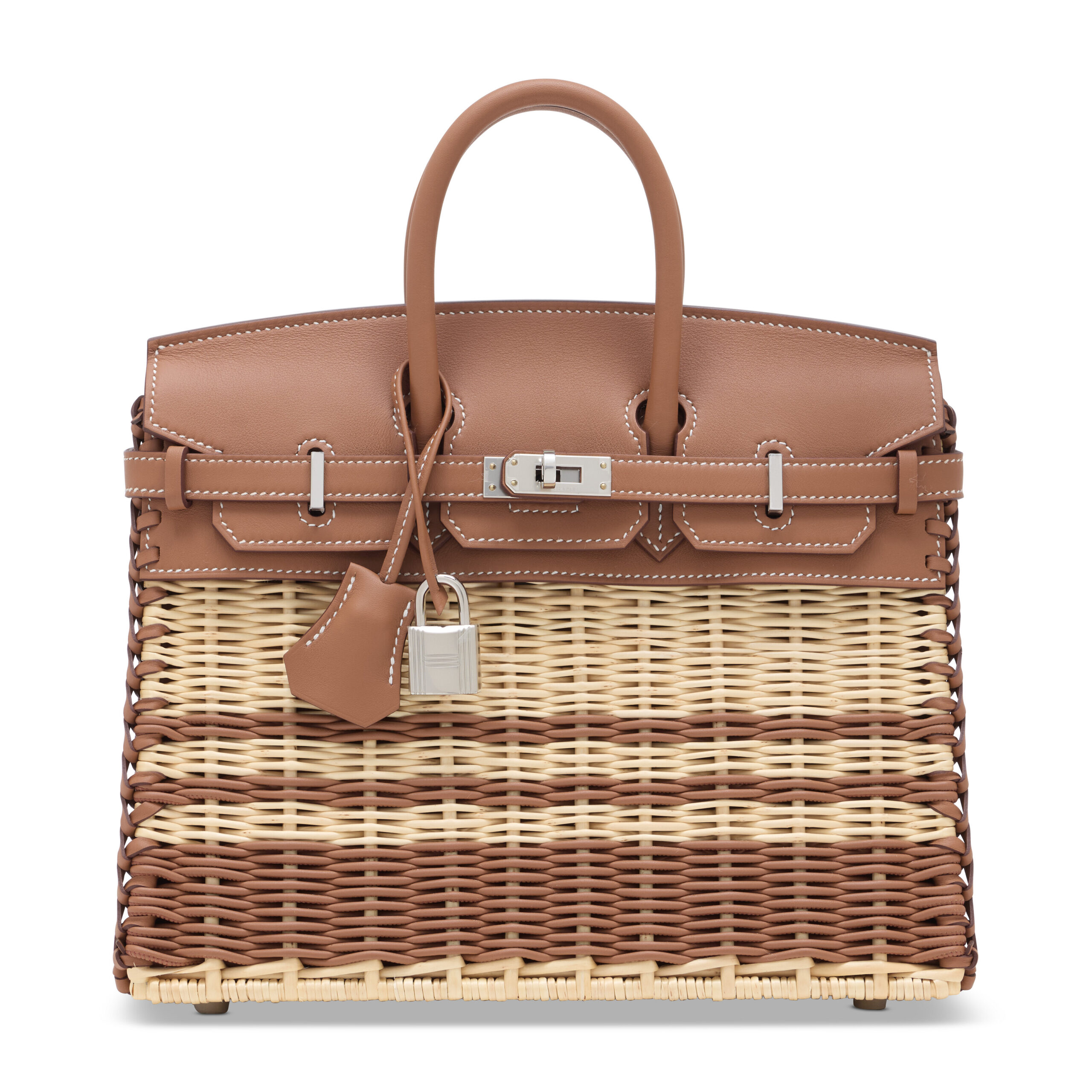 A LIMITED EDITION GOLD SWIFT LEATHER & OSIER STRIPE PICNIC BIRKIN 25 WITH PALLADIUM HARDWARE 1 A LIMITED EDITION GOLD SWIFT LEATHER & OSIER STRIPE PICNIC BIRKIN 25 WITH PALLADIUM HARDWARE