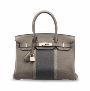 A LIMITED EDITION GRIS FONCÈ LIZARD & ÉTAIN & GRAPHITE CLÉMENCE LEATHER CLUB BIRKIN 30 WITH GOLD HARDWARE