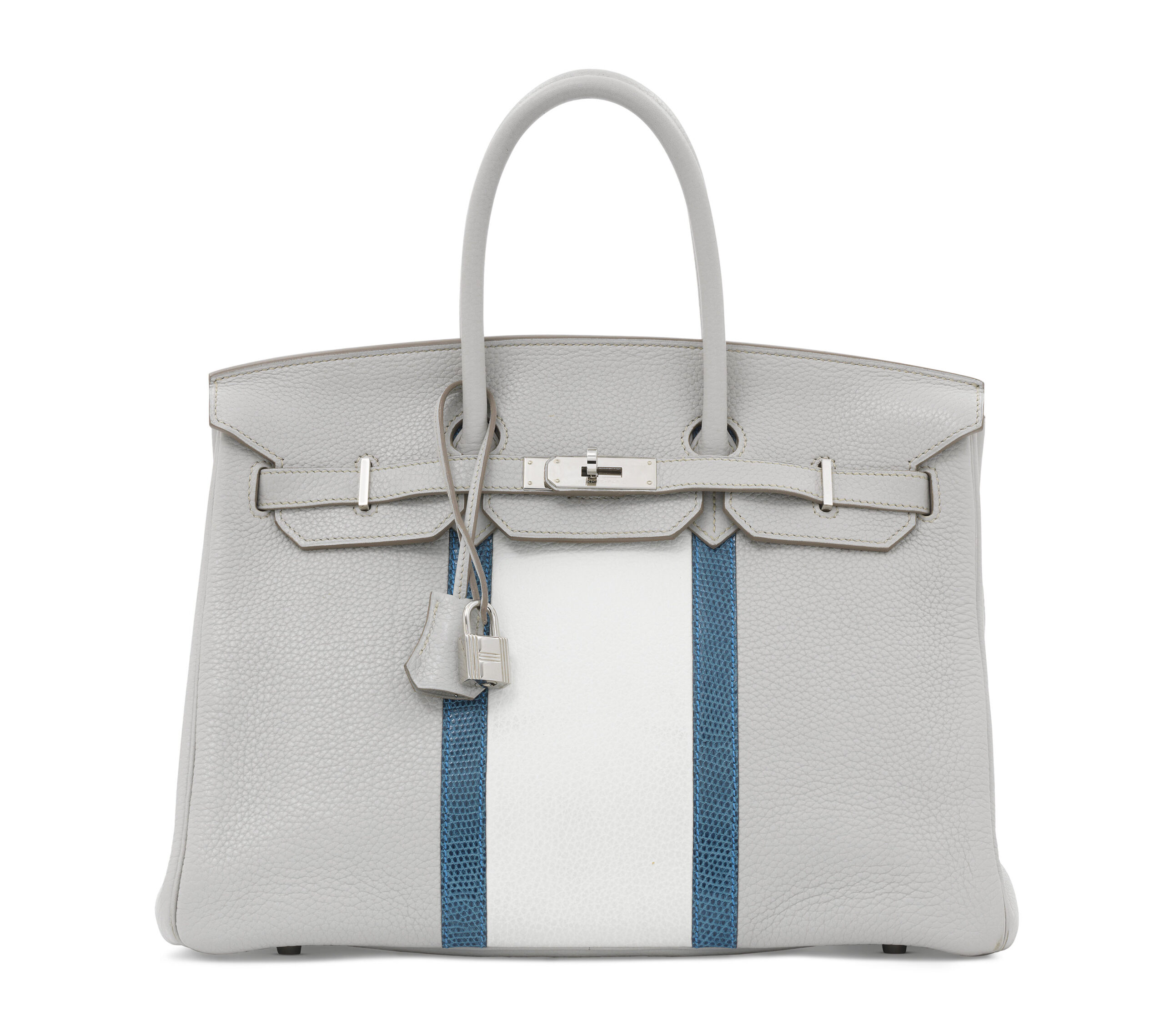 A LIMITED EDITION GRIS PERLE, WHITE CLÉMENCE LEATHER & MYKONOS LIZARD CLUB BIRKIN 35 WITH PALLADIUM HARDWARE 1 A LIMITED EDITION GRIS PERLE, WHITE CLÉMENCE LEATHER & MYKONOS LIZARD CLUB BIRKIN 35 WITH PALLADIUM HARDWARE