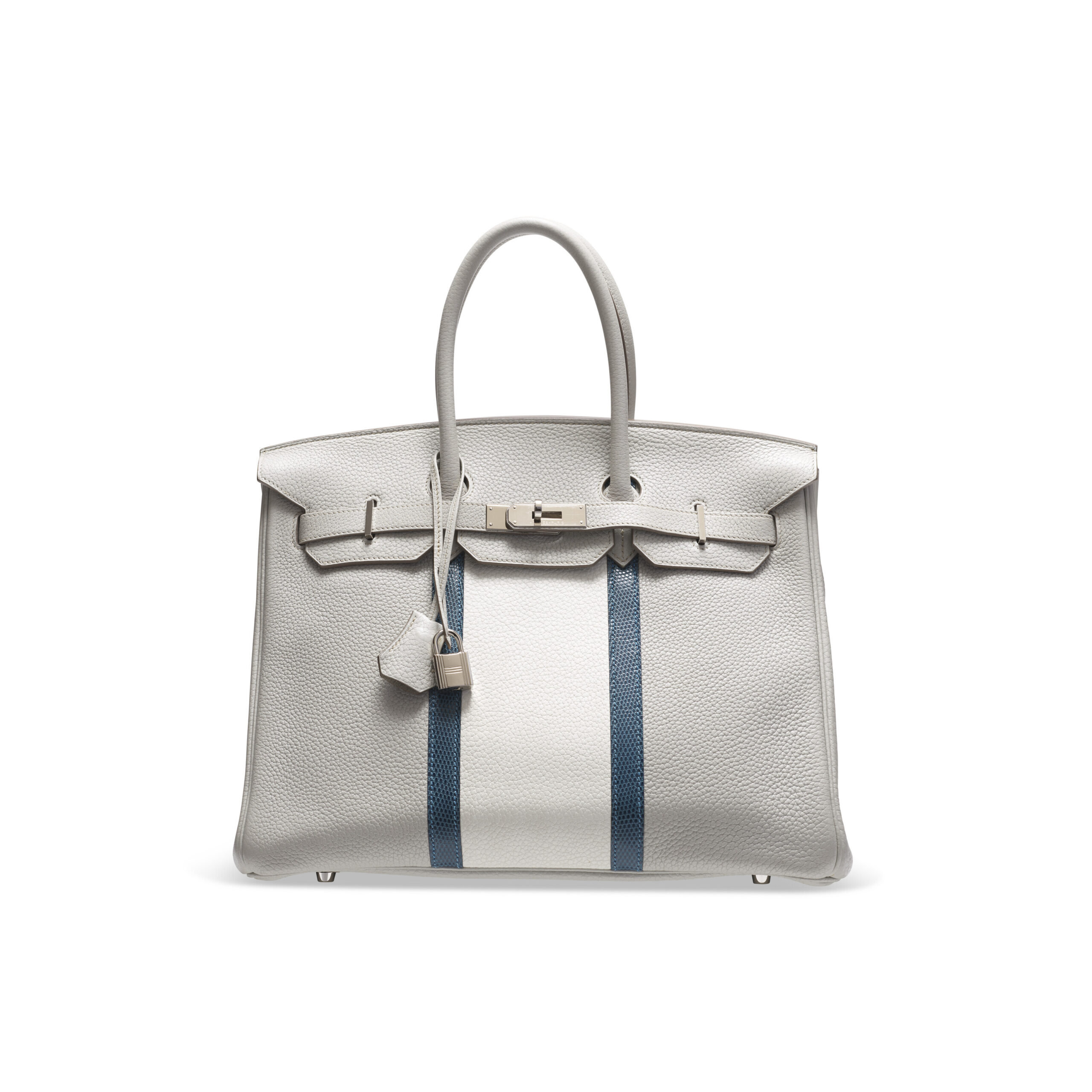 A LIMITED EDITION GRIS PERLE & WHITE CLÉMENCE LEATHER & SHINY MYKONOS NILOTICUS LIZARD CLUB BIRKIN 35 WITH PALLADIUM HARDWARE 1 A LIMITED EDITION GRIS PERLE & WHITE CLÉMENCE LEATHER & SHINY MYKONOS NILOTICUS LIZARD CLUB BIRKIN 35 WITH PALLADIUM HARDWARE