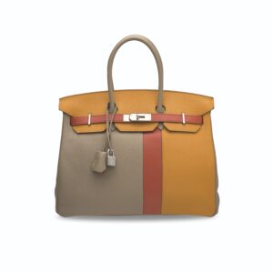 A LIMITED EDITION GRIS TOURTERELLE & MOUTARDE CLÉMENCE & SANGUINE SWIFT LEATHER CASAQUE BIRKIN 35 WITH BRUSHED PALLADIUM HARDWARE