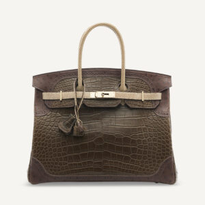 A LIMITED EDITION MATTE GRIS ÉLÉPHANT ALLIGATOR, FICELLE LIZARD & MARRON FONCÉ OSTRICH GRAND MARIAGE GHILLIES BIRKIN 35 WITH PERMABRASS HARDWARE