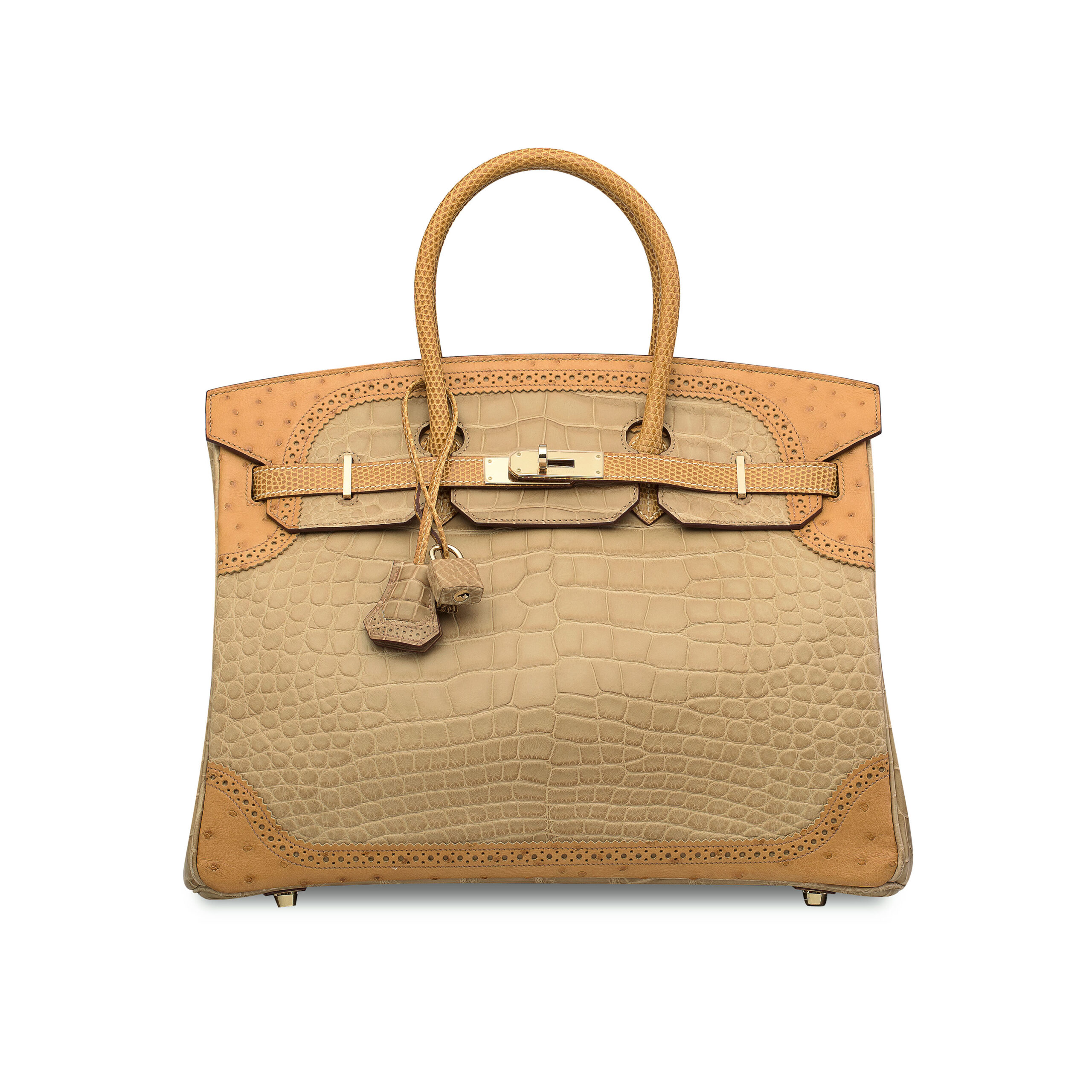 A LIMITED EDITION MATTE POUSSIÈRE ALLIGATOR, TABAC CAMEL OSTRICH & SÉSAME LIZARD GRAND MARIAGE BIRKIN 35 WITH PERMABRASS HARDWARE 2 A LIMITED EDITION MATTE POUSSIÈRE ALLIGATOR, TABAC CAMEL OSTRICH & SÉSAME LIZARD GRAND MARIAGE BIRKIN 35 WITH PERMABRASS HARDWARE - Image 2