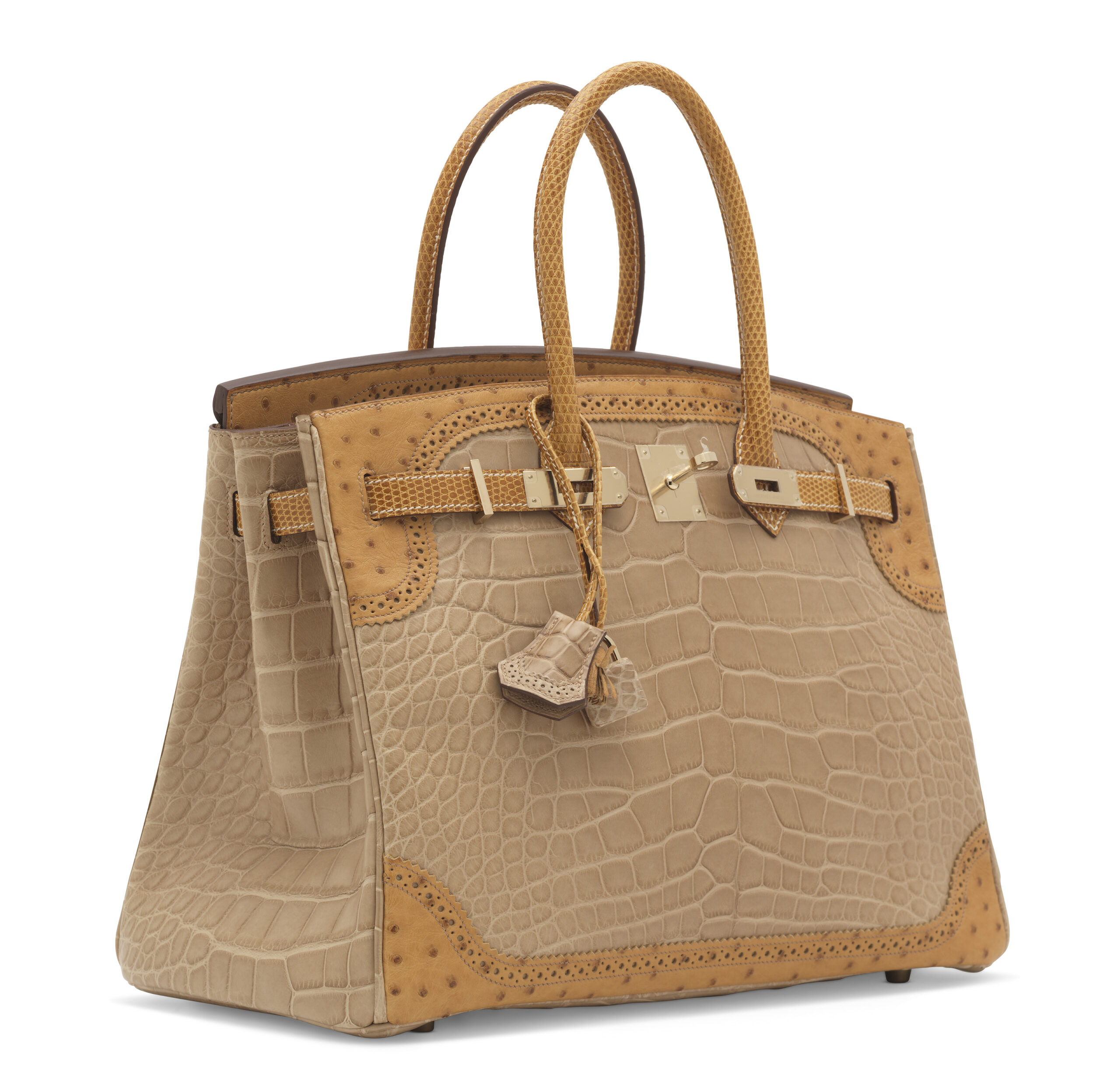 A LIMITED EDITION MATTE POUSSIÈRE ALLIGATOR, TABAC CAMEL OSTRICH & SÉSAME LIZARD GRAND MARIAGE BIRKIN 35 WITH PERMABRASS HARDWARE 2 A LIMITED EDITION MATTE POUSSIÈRE ALLIGATOR, TABAC CAMEL OSTRICH & SÉSAME LIZARD GRAND MARIAGE BIRKIN 35 WITH PERMABRASS HARDWARE - Image 2