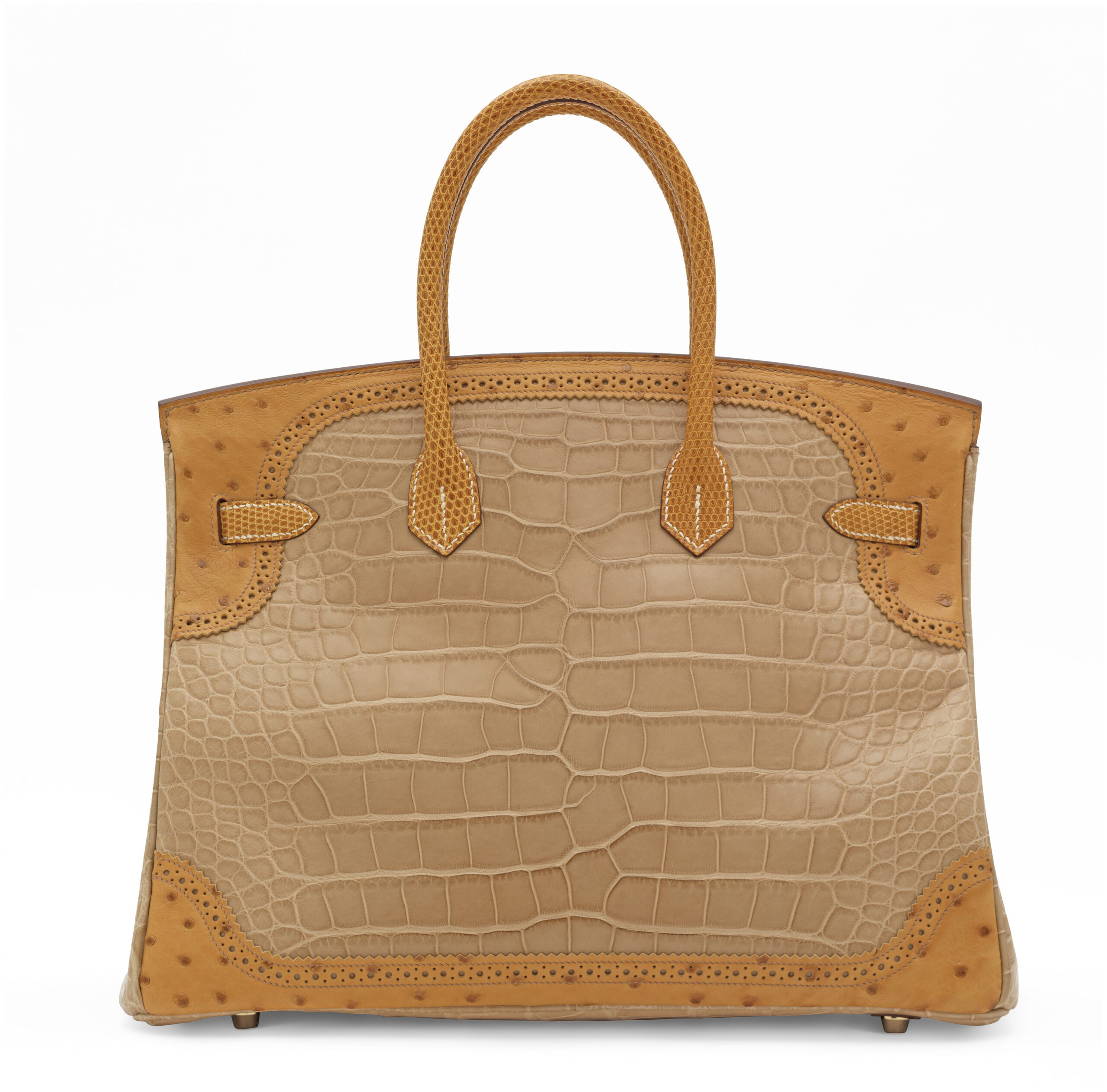 A LIMITED EDITION MATTE POUSSIÈRE ALLIGATOR, TABAC CAMEL OSTRICH & SÉSAME LIZARD GRAND MARIAGE BIRKIN 35 WITH PERMABRASS HARDWARE 3 A LIMITED EDITION MATTE POUSSIÈRE ALLIGATOR, TABAC CAMEL OSTRICH & SÉSAME LIZARD GRAND MARIAGE BIRKIN 35 WITH PERMABRASS HARDWARE - Image 3