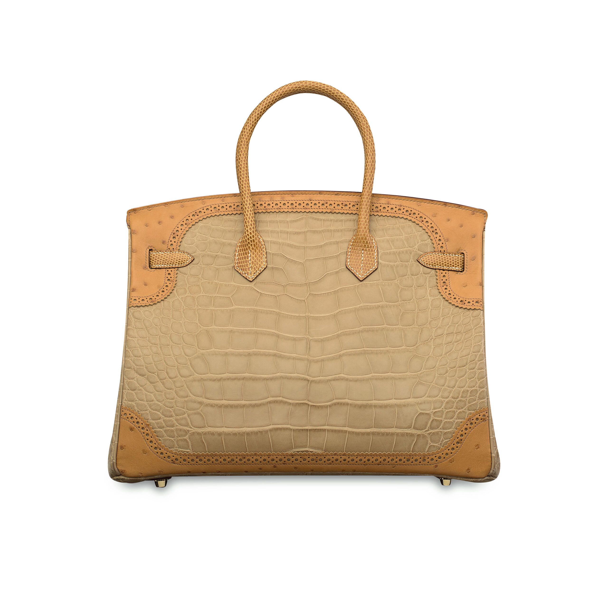 A LIMITED EDITION MATTE POUSSIÈRE ALLIGATOR, TABAC CAMEL OSTRICH & SÉSAME LIZARD GRAND MARIAGE BIRKIN 35 WITH PERMABRASS HARDWARE 4 A LIMITED EDITION MATTE POUSSIÈRE ALLIGATOR, TABAC CAMEL OSTRICH & SÉSAME LIZARD GRAND MARIAGE BIRKIN 35 WITH PERMABRASS HARDWARE - Image 4