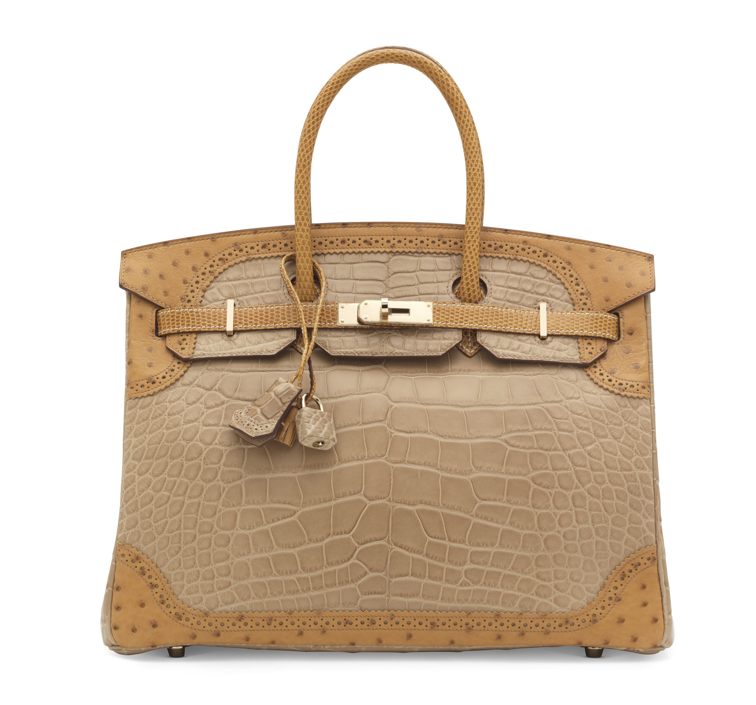 A LIMITED EDITION MATTE POUSSIÈRE ALLIGATOR, TABAC CAMEL OSTRICH & SÉSAME LIZARD GRAND MARIAGE BIRKIN 35 WITH PERMABRASS HARDWARE 5 A LIMITED EDITION MATTE POUSSIÈRE ALLIGATOR, TABAC CAMEL OSTRICH & SÉSAME LIZARD GRAND MARIAGE BIRKIN 35 WITH PERMABRASS HARDWARE - Image 5