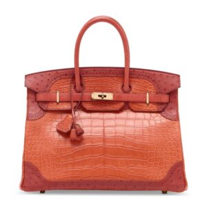 A LIMITED EDITION MATTE SANGUINE ALLIGATOR, LIZARD & OSTRICH GRAND MARIAGE BIRKIN 35 WITH PERMABRASS HARDWARE (2)