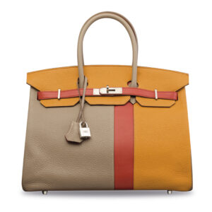 A LIMITED EDITION MOUTARDE, SANGUINE & GRIS PERLE CLÉMENCE LEATHER CASCADE BIRKIN 35 WITH BRUSHED PALLADIUM HARDWARE