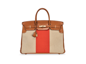 A LIMITED EDITION NATUREL BARÉNIA LEATHER & ECRU AND CAPUCINE TOILE CANVAS FLAG BIRKIN 40 WITH PERMABRASS HARDWARE