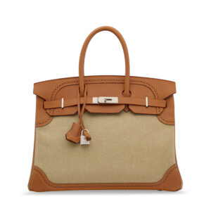 A LIMITED EDITION NATUREL BARÉNIA LEATHER & TOILE GHILLIES BIRKIN 35 WITH BRUSHED PALLADIUM HARDWARE (1)