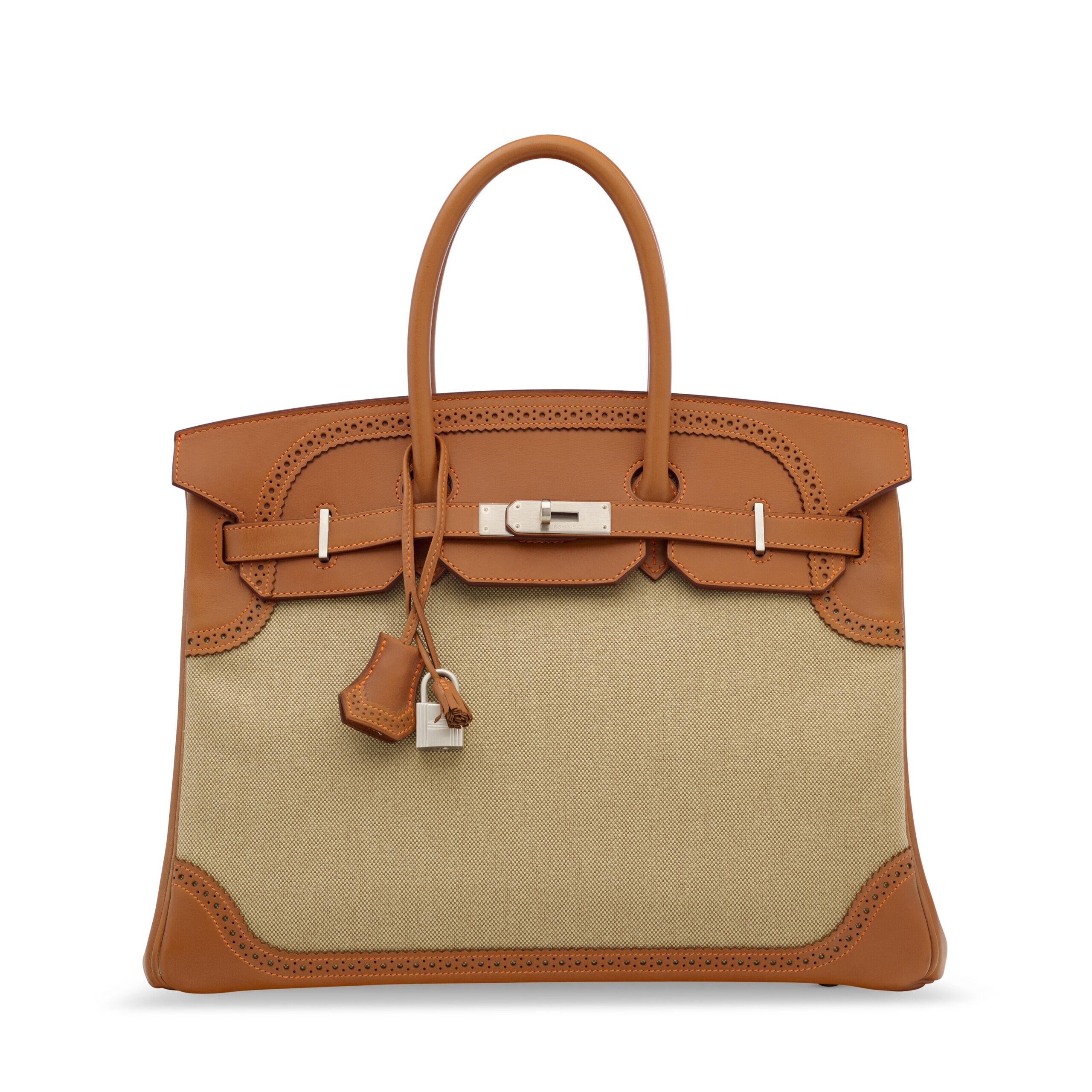 A LIMITED EDITION NATUREL BARÉNIA LEATHER & TOILE GHILLIES BIRKIN 35 WITH BRUSHED PALLADIUM HARDWARE 1 A LIMITED EDITION NATUREL BARÉNIA LEATHER & TOILE GHILLIES BIRKIN 35 WITH BRUSHED PALLADIUM HARDWARE (1)