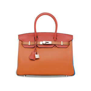 A LIMITED EDITION ORANGE, SANGUINE, BLEU LIN, BLEU HYDRA, ÉTAIN & GOLD CLÉMENCE LEATHER ARLEQUIN BIRKIN 30 WITH PALLADIUM HARDWARE