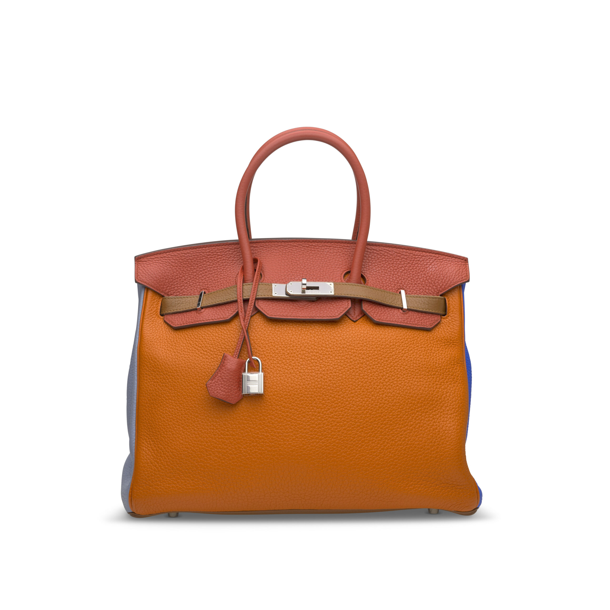 A LIMITED EDITION ORANGE, SANGUINE, BLEU LIN, BLEU HYDRA, ÉTAIN & GOLD CLÉMENCE LEATHER ARLEQUIN BIRKIN 35 WITH PALLADIUM HARDWARE 1 A LIMITED EDITION ORANGE, SANGUINE, BLEU LIN, BLEU HYDRA, ÉTAIN & GOLD CLÉMENCE LEATHER ARLEQUIN BIRKIN 35 WITH PALLADIUM HARDWARE