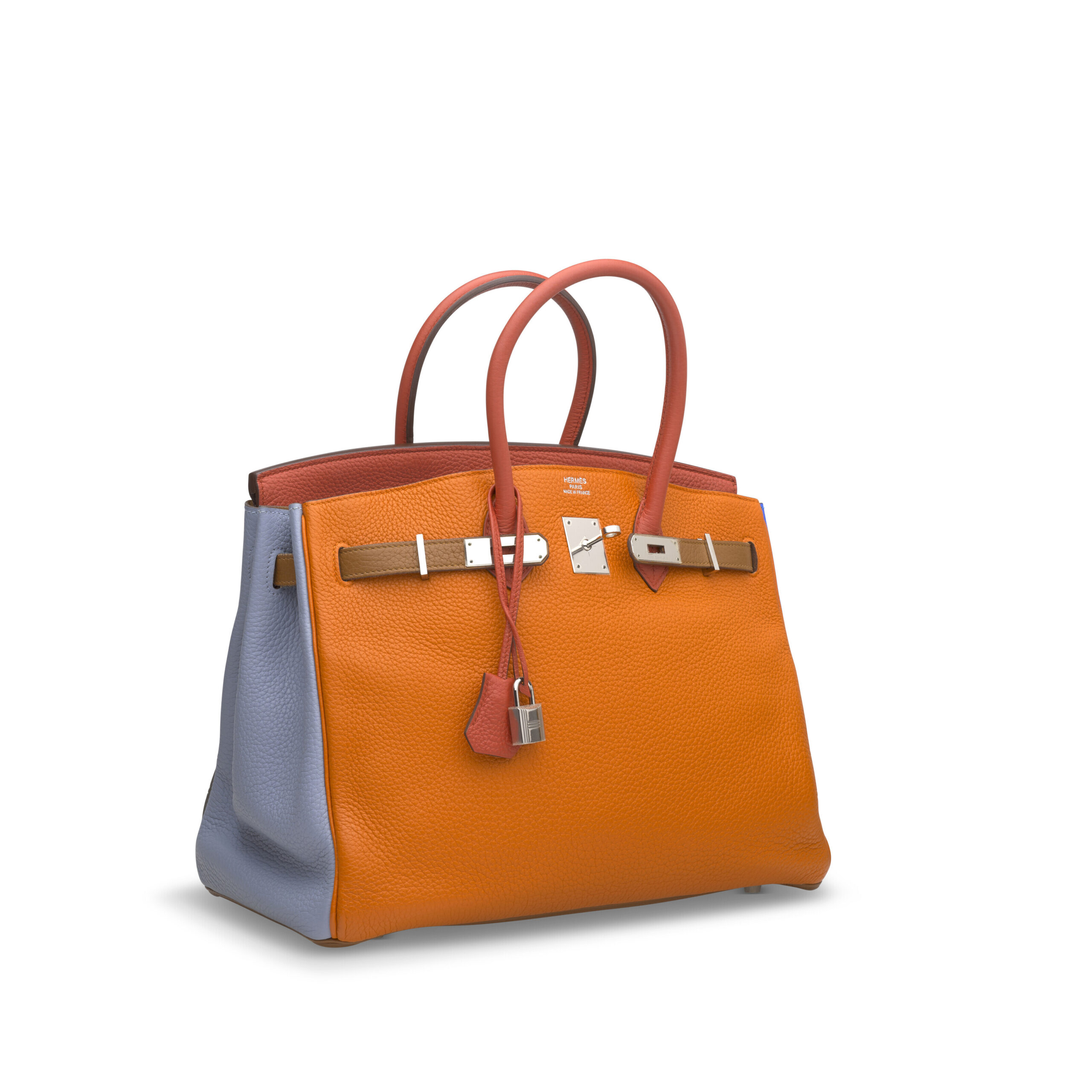 A LIMITED EDITION ORANGE, SANGUINE, BLEU LIN, BLEU HYDRA, ÉTAIN & GOLD CLÉMENCE LEATHER ARLEQUIN BIRKIN 35 WITH PALLADIUM HARDWARE 2 A LIMITED EDITION ORANGE, SANGUINE, BLEU LIN, BLEU HYDRA, ÉTAIN & GOLD CLÉMENCE LEATHER ARLEQUIN BIRKIN 35 WITH PALLADIUM HARDWARE - Image 2