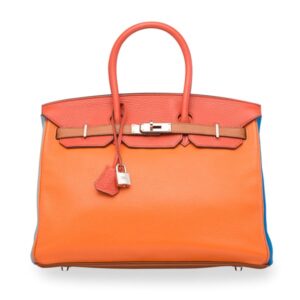 A LIMITED EDITION ORANGE, SANGUINE, GOLD, ÉTAIN, BLEU LIN & BLEU HYDRA CLÉMENCE LEATHER ARLEQUIN BIRKIN 35 WITH PALLADIUM HARDWARE