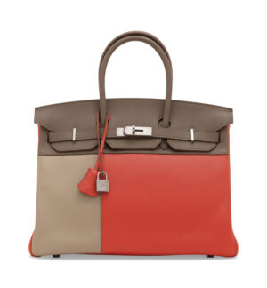 A LIMITED EDITION ROSE JAÏPUR, ARGILE & ÉTOUPE SWIFT AND CLÉMENCE LEATHER CASCADE BIRKIN 35 WITH BRUSHED PALLADIUM HARDWARE