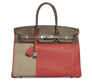 A LIMITED EDITION ROSE JAÏPUR CLÉMENCE, ÉTAIN & GRIS TOURTERELLE SWIFT LEATHER CASCADE BIRKIN 35 WITH BRUSHED PALLADIUM HARDWARE