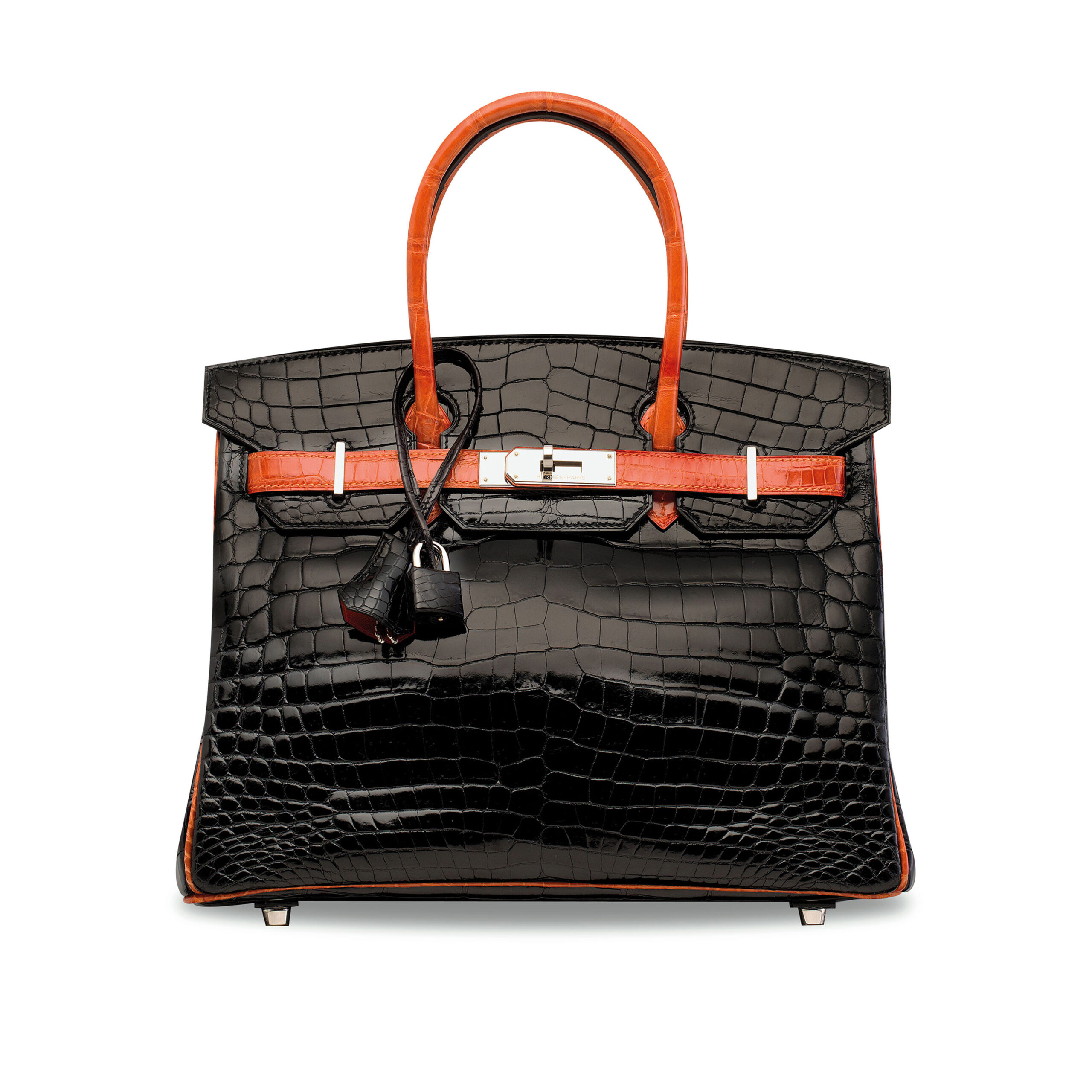 A LIMITED EDITION SHINY BLACK AND ORANGE NILOTICUS CROCODILE BIRKIN 30 WITH PALLADIUM HARDWARE 1 A LIMITED EDITION SHINY BLACK AND ORANGE NILOTICUS CROCODILE BIRKIN 30 WITH PALLADIUM HARDWARE (1)