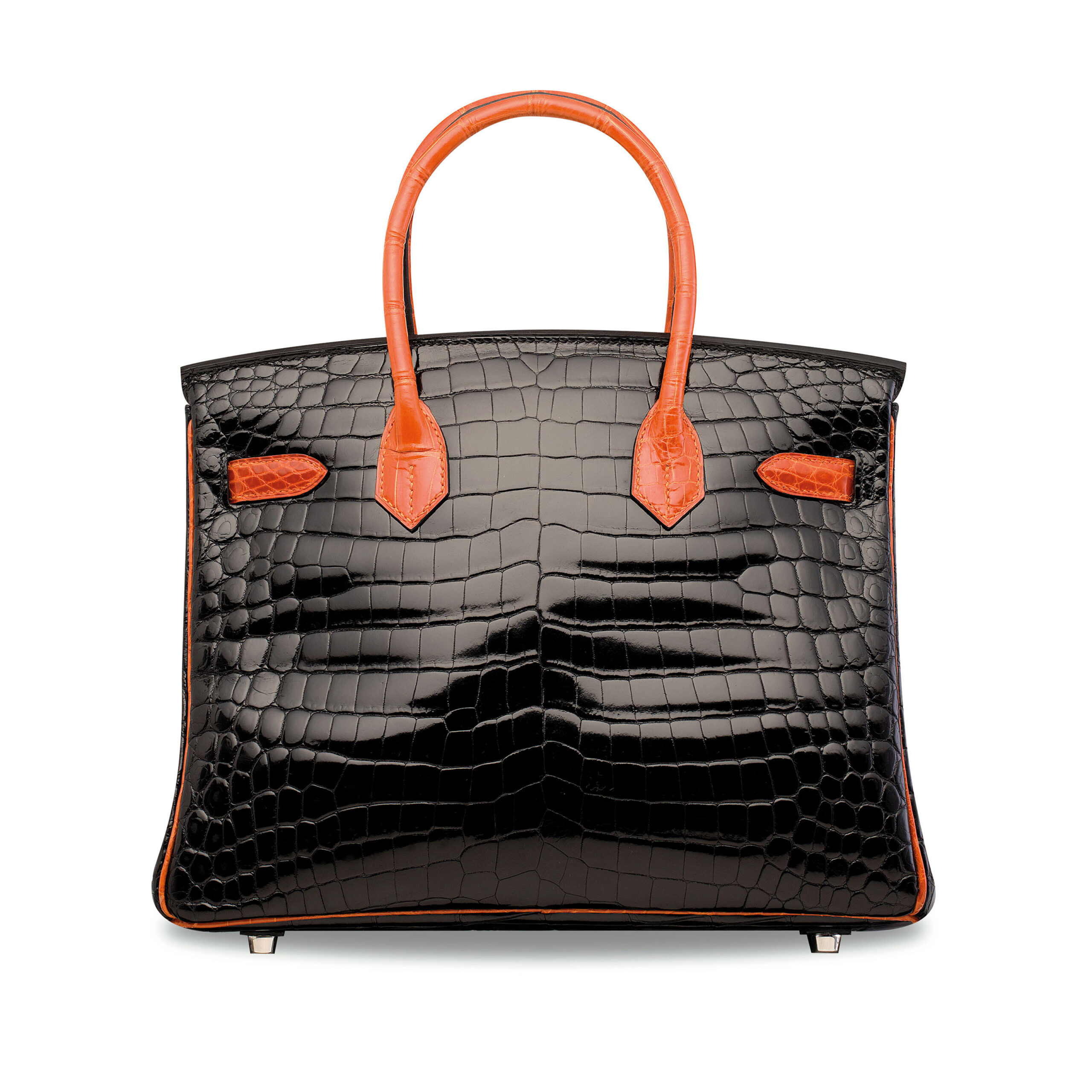A LIMITED EDITION SHINY BLACK AND ORANGE NILOTICUS CROCODILE BIRKIN 30 WITH PALLADIUM HARDWARE 4 A LIMITED EDITION SHINY BLACK AND ORANGE NILOTICUS CROCODILE BIRKIN 30 WITH PALLADIUM HARDWARE - Image 4