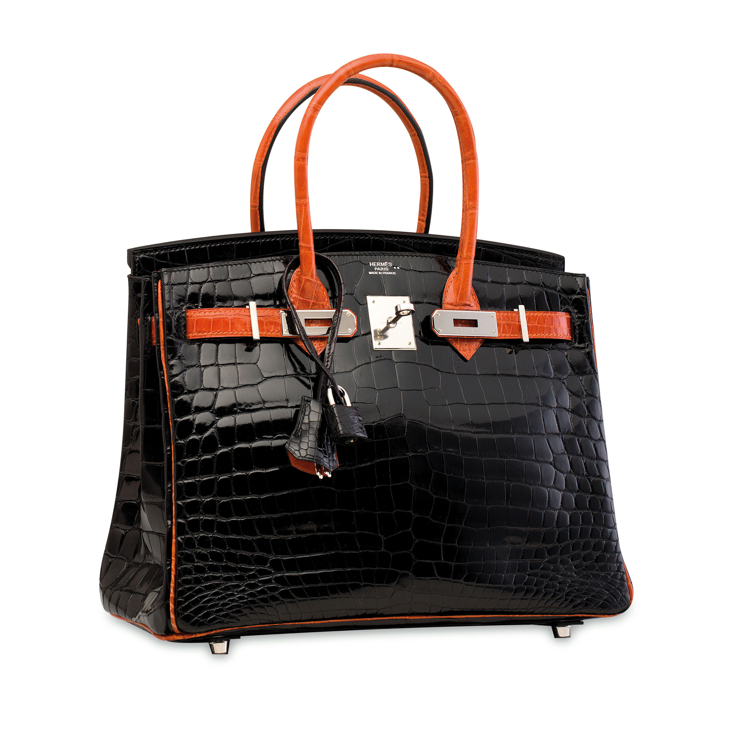 A LIMITED EDITION SHINY BLACK AND ORANGE NILOTICUS CROCODILE BIRKIN 30 WITH PALLADIUM HARDWARE 2 A LIMITED EDITION SHINY BLACK AND ORANGE NILOTICUS CROCODILE BIRKIN 30 WITH PALLADIUM HARDWARE - Image 2