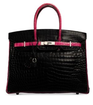 A LIMITED EDITION SHINY BLACK & FUCHSIA POROSUS CROCODILE BIRKIN 35 WITH PALLADIUM HARDWARE (1)