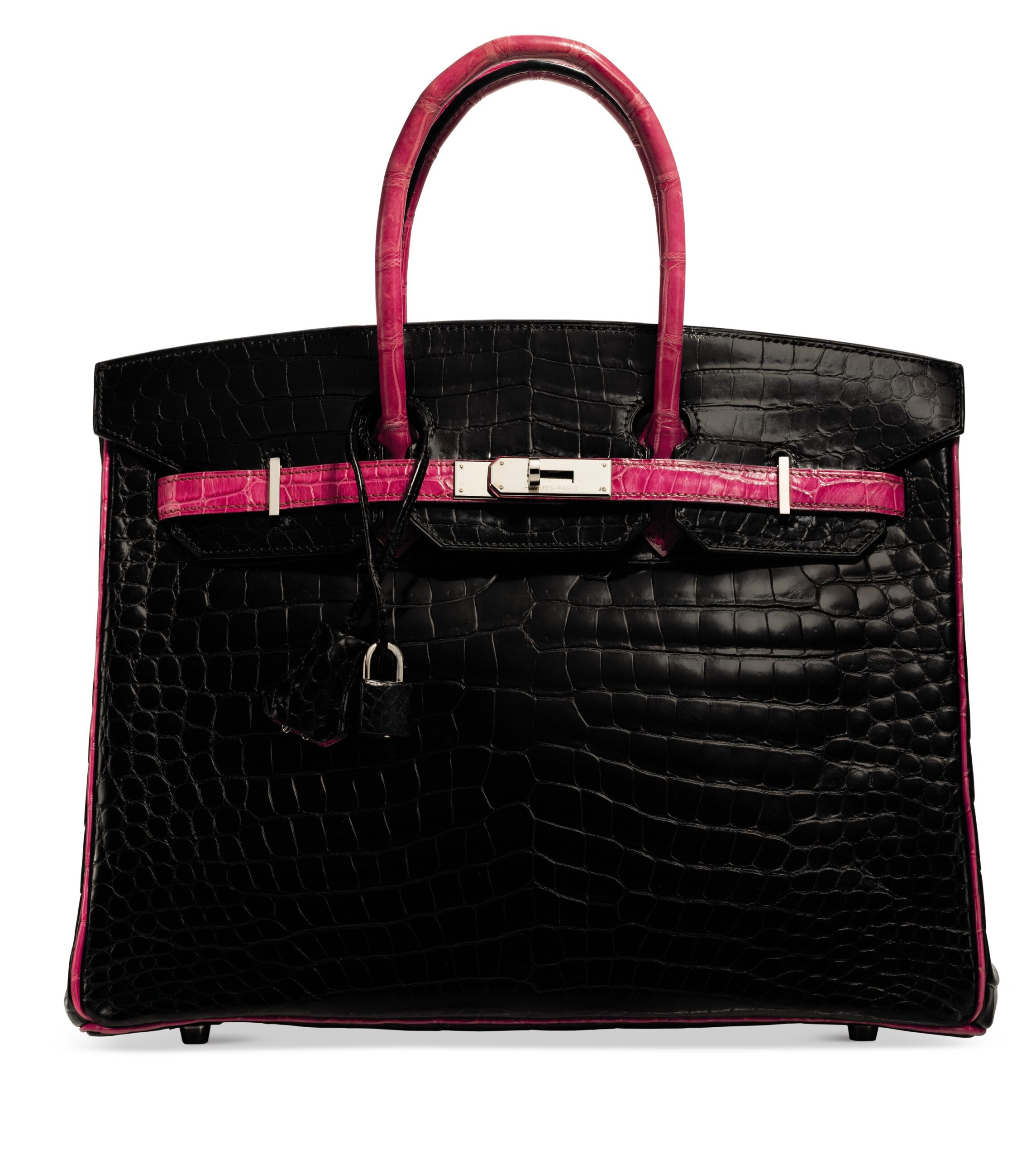 A LIMITED EDITION SHINY BLACK & FUCHSIA POROSUS CROCODILE BIRKIN 35 WITH PALLADIUM HARDWARE 1 A LIMITED EDITION SHINY BLACK & FUCHSIA POROSUS CROCODILE BIRKIN 35 WITH PALLADIUM HARDWARE (1)