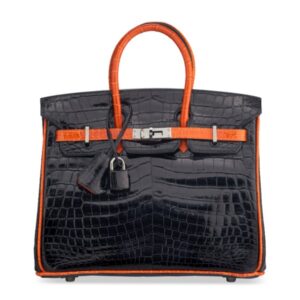 A LIMITED EDITION SHINY BLACK & ORANGE H NILOTICUS CROCODILE BIRKIN 25 WITH RUTHENIUM HARDWARE (2)