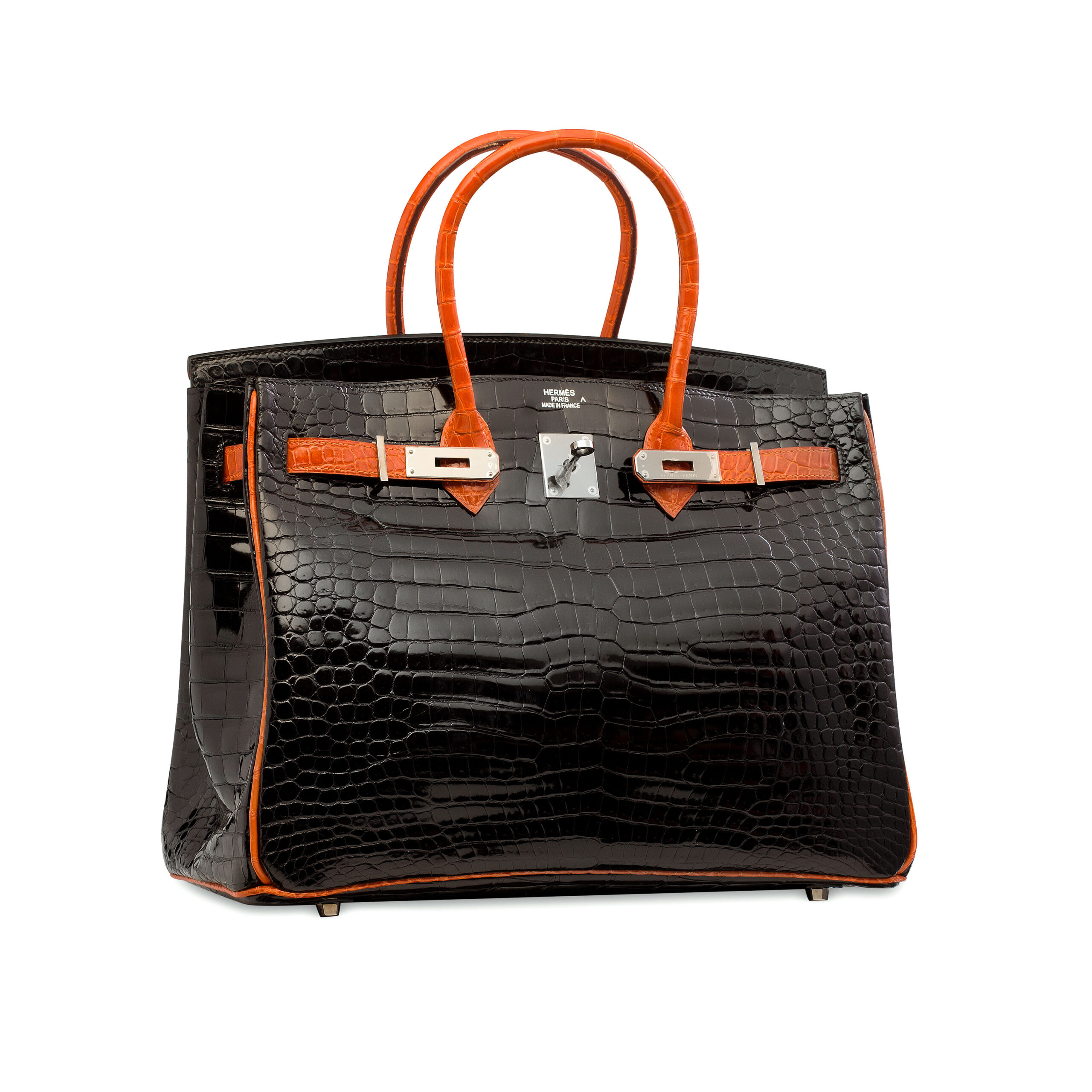 A LIMITED EDITION SHINY BLACK & ORANGE POROSUS CROCODILE BI-COLOR BIRKIN 35 WITH RUTHENIUM HARDWARE 3 A LIMITED EDITION SHINY BLACK & ORANGE POROSUS CROCODILE BI-COLOR BIRKIN 35 WITH RUTHENIUM HARDWARE - Image 3