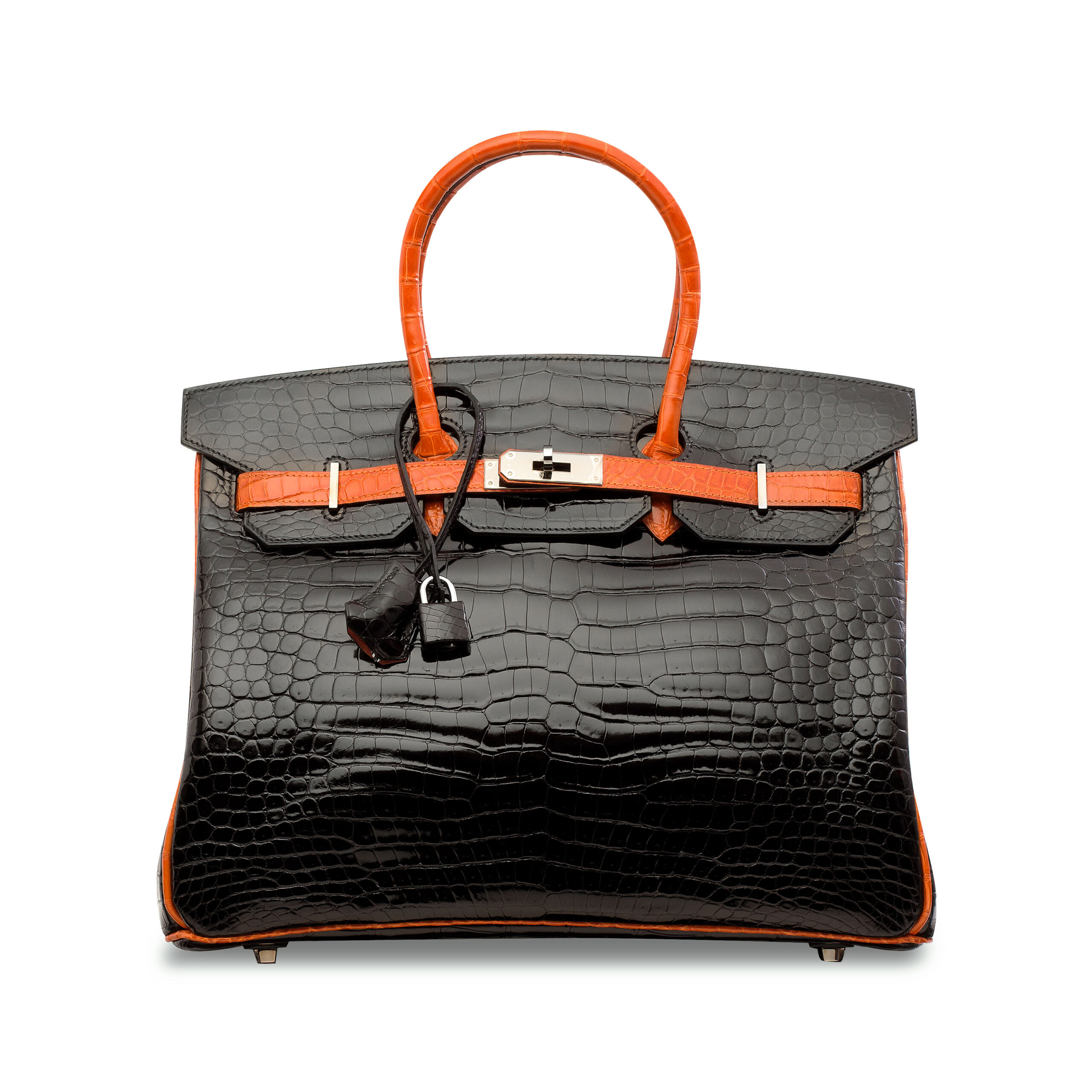 A LIMITED EDITION SHINY BLACK & ORANGE POROSUS CROCODILE BI-COLOR BIRKIN 35 WITH RUTHENIUM HARDWARE 2 A LIMITED EDITION SHINY BLACK & ORANGE POROSUS CROCODILE BI-COLOR BIRKIN 35 WITH RUTHENIUM HARDWARE - Image 2