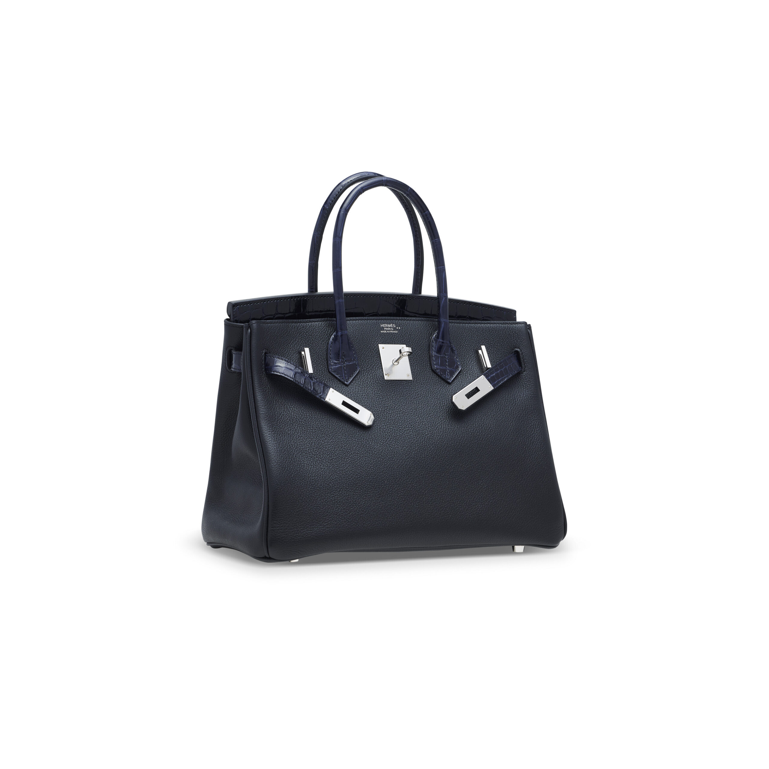 A LIMITED EDITION SHINY BLEU MARINE NILOTICUS CROCODILE & BLACK NOVILLO LEATHER TOUCH BIRKIN 30 WITH PALLADIUM HARDWARE 6 A LIMITED EDITION SHINY BLEU MARINE NILOTICUS CROCODILE & BLACK NOVILLO LEATHER TOUCH BIRKIN 30 WITH PALLADIUM HARDWARE - Image 6