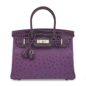 A LIMITED EDITION SHINY CASSIS ALLIGATOR & VIOLINE OSTRICH TOUCH BIRKIN 30 WITH PALLADIUM HARDWARE (2)