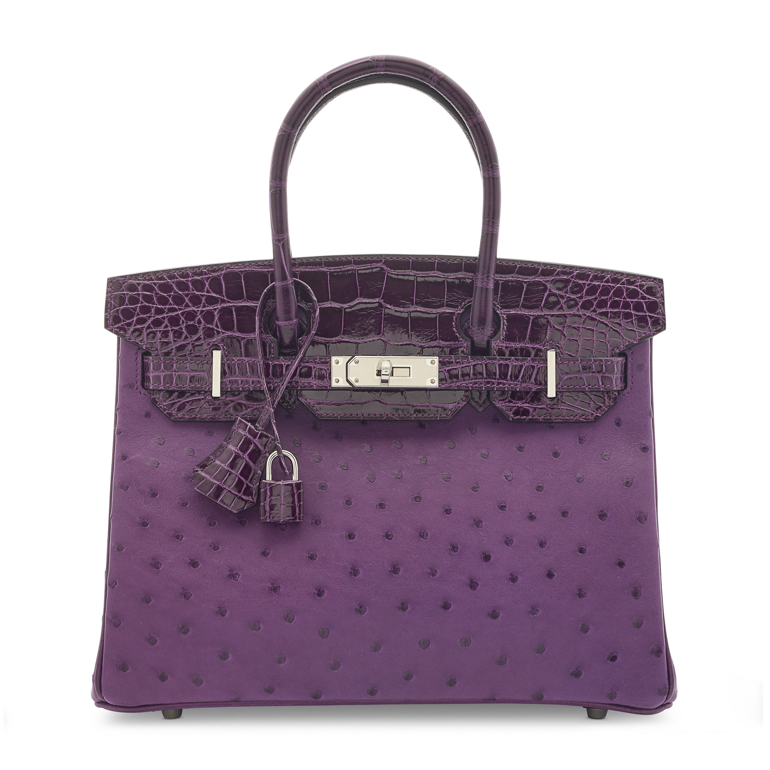 A LIMITED EDITION SHINY CASSIS ALLIGATOR & VIOLINE OSTRICH TOUCH BIRKIN 30 WITH PALLADIUM HARDWARE 1 A LIMITED EDITION SHINY CASSIS ALLIGATOR & VIOLINE OSTRICH TOUCH BIRKIN 30 WITH PALLADIUM HARDWARE (2)