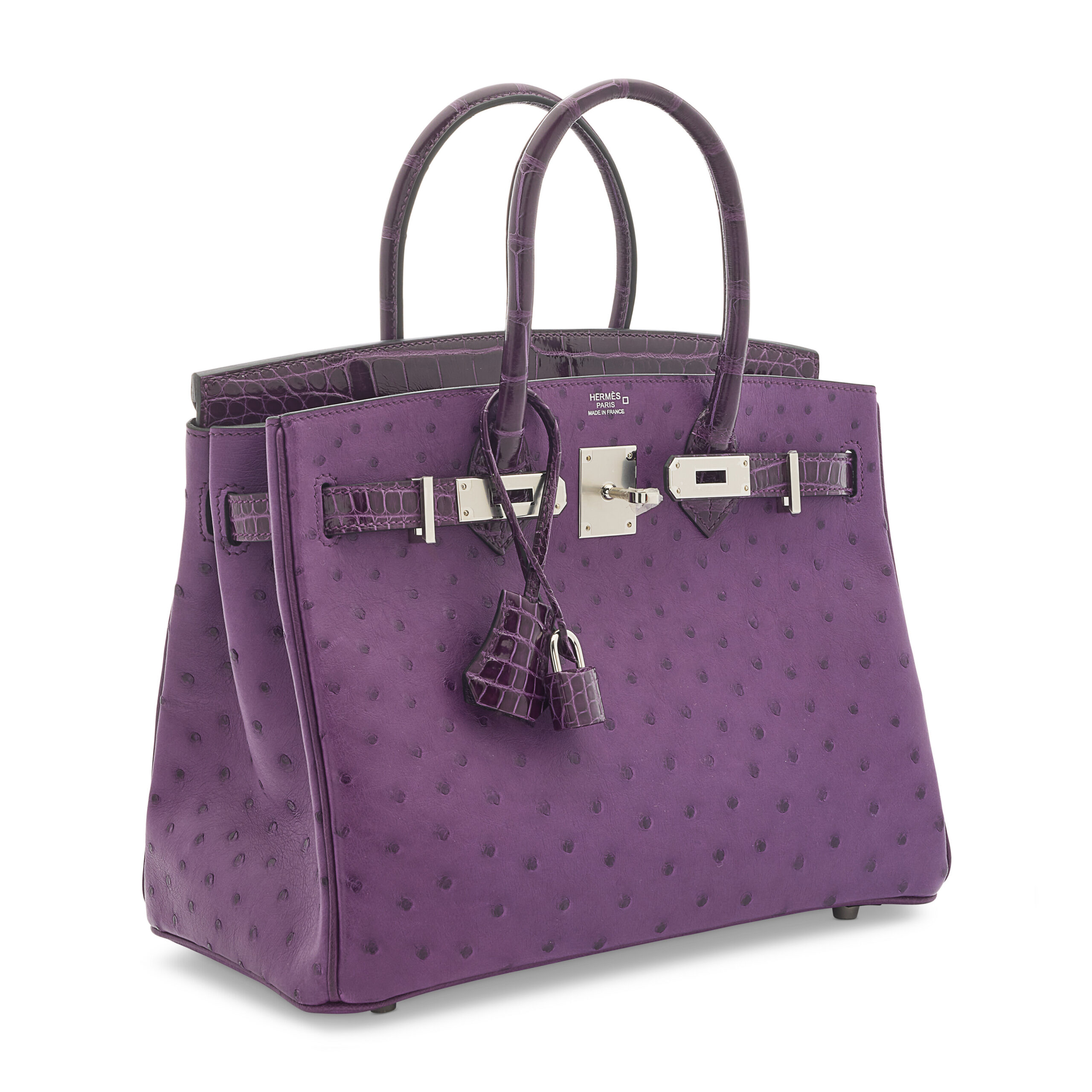 A LIMITED EDITION SHINY CASSIS ALLIGATOR & VIOLINE OSTRICH TOUCH BIRKIN 30 WITH PALLADIUM HARDWARE 4 A LIMITED EDITION SHINY CASSIS ALLIGATOR & VIOLINE OSTRICH TOUCH BIRKIN 30 WITH PALLADIUM HARDWARE - Image 4