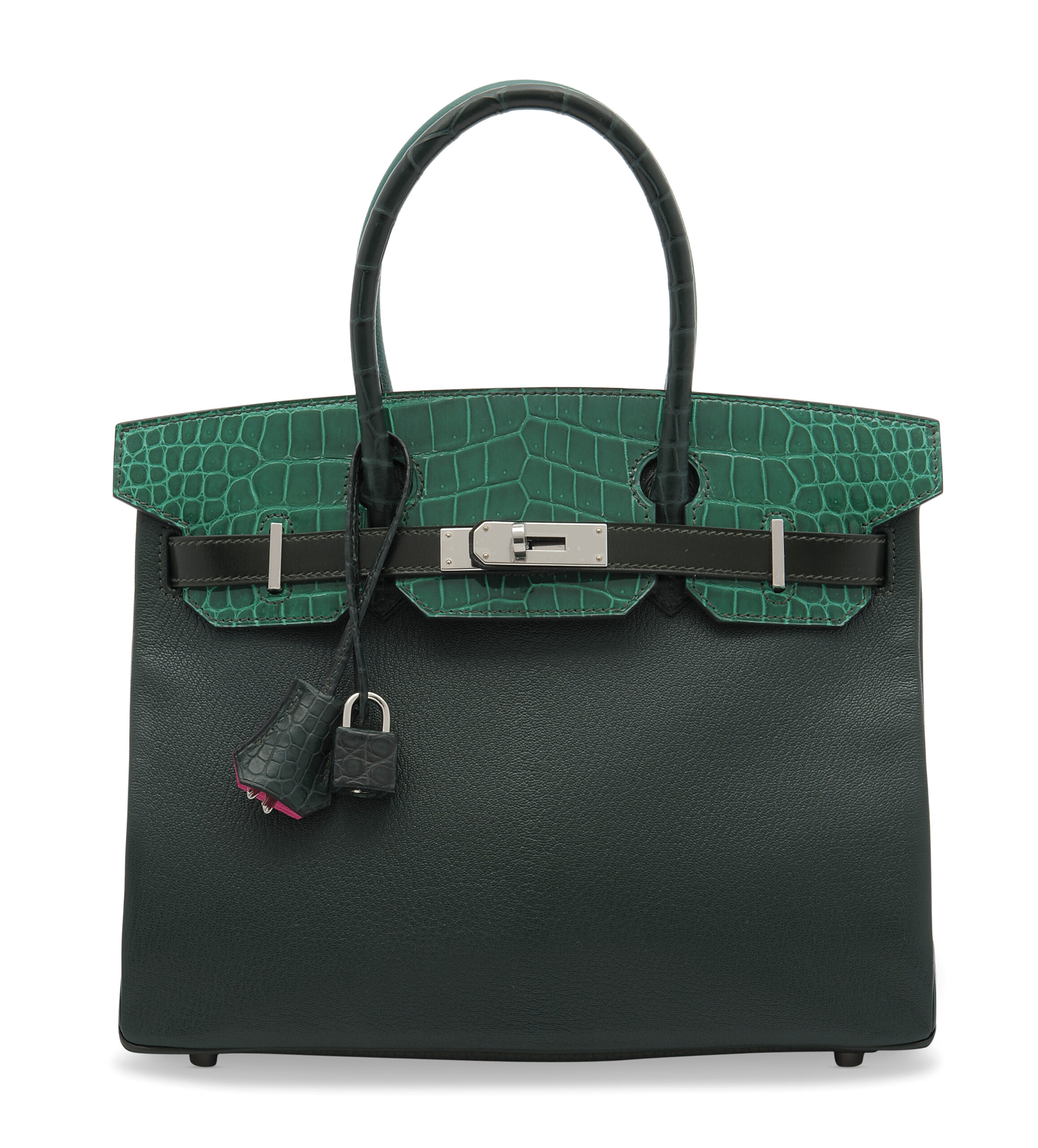 A LIMITED EDITION SHINY VERT ÉMERAUDE POROSUS CROCODILE, VERT TITIEN CLÉMENCE LEATHER & ROSE AZALÉE PATCHWORK BIRKIN 30 WITH PALLADIUM HARDWARE 4 A LIMITED EDITION SHINY VERT ÉMERAUDE POROSUS CROCODILE, VERT TITIEN CLÉMENCE LEATHER & ROSE AZALÉE PATCHWORK BIRKIN 30 WITH PALLADIUM HARDWARE - Image 4