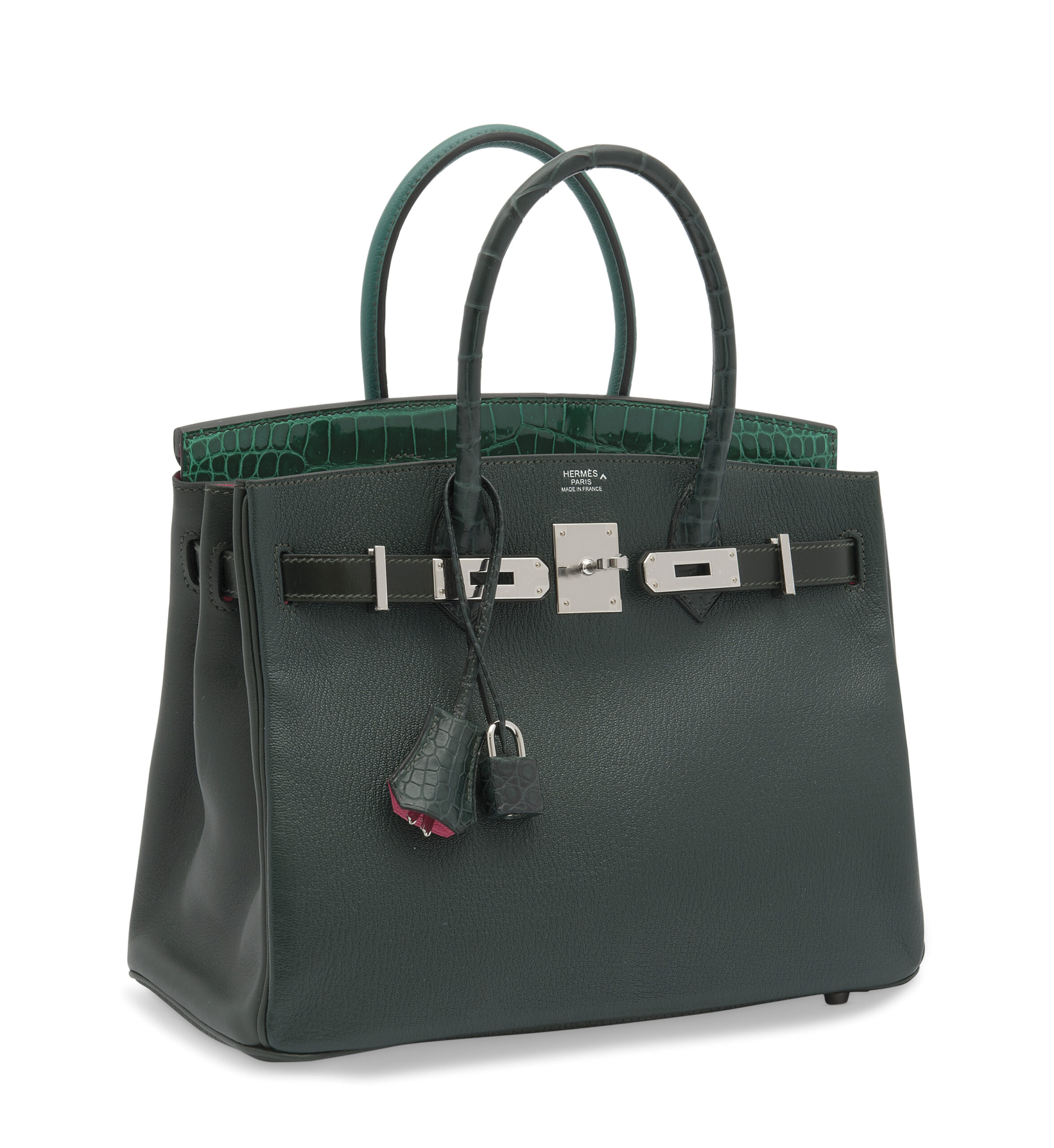 A LIMITED EDITION SHINY VERT ÉMERAUDE POROSUS CROCODILE, VERT TITIEN CLÉMENCE LEATHER & ROSE AZALÉE PATCHWORK BIRKIN 30 WITH PALLADIUM HARDWARE 5 A LIMITED EDITION SHINY VERT ÉMERAUDE POROSUS CROCODILE, VERT TITIEN CLÉMENCE LEATHER & ROSE AZALÉE PATCHWORK BIRKIN 30 WITH PALLADIUM HARDWARE - Image 5